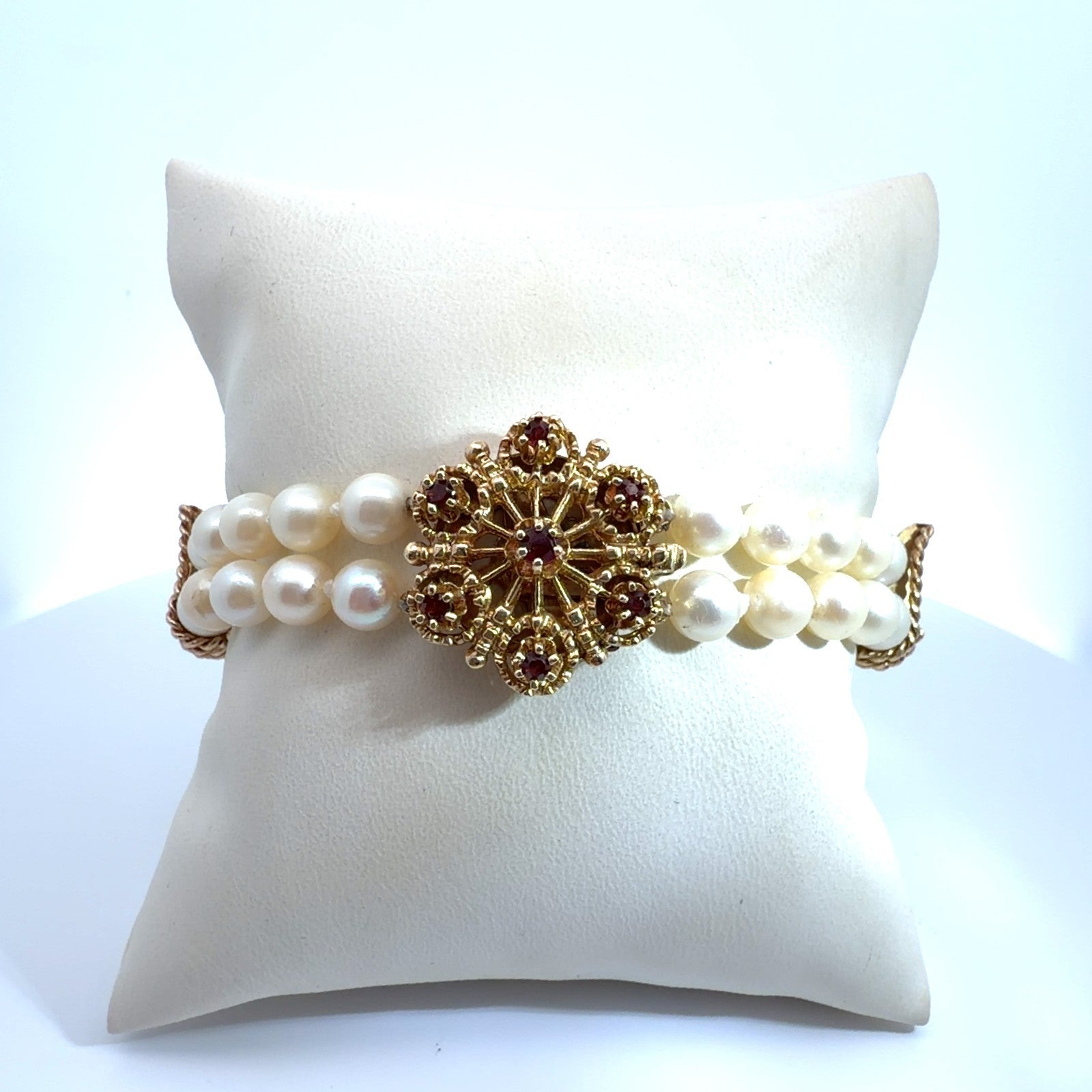 Vintage Stamped 14k Floral Garnet and Pearl Bracelet 7"0