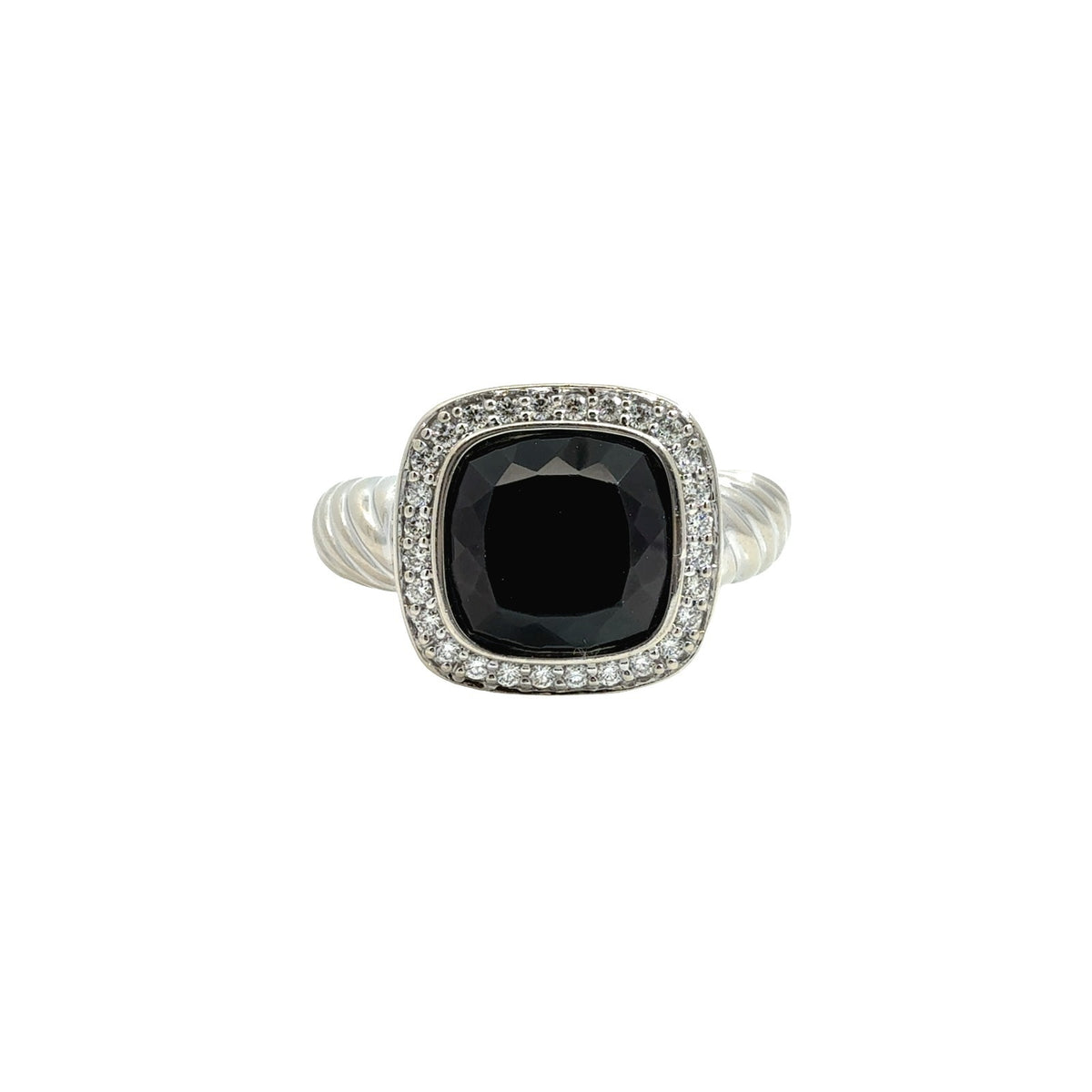 14k White Gold Onyx and 0.17cttw Diamond Halo Twisted Cable Cocktail Ring0