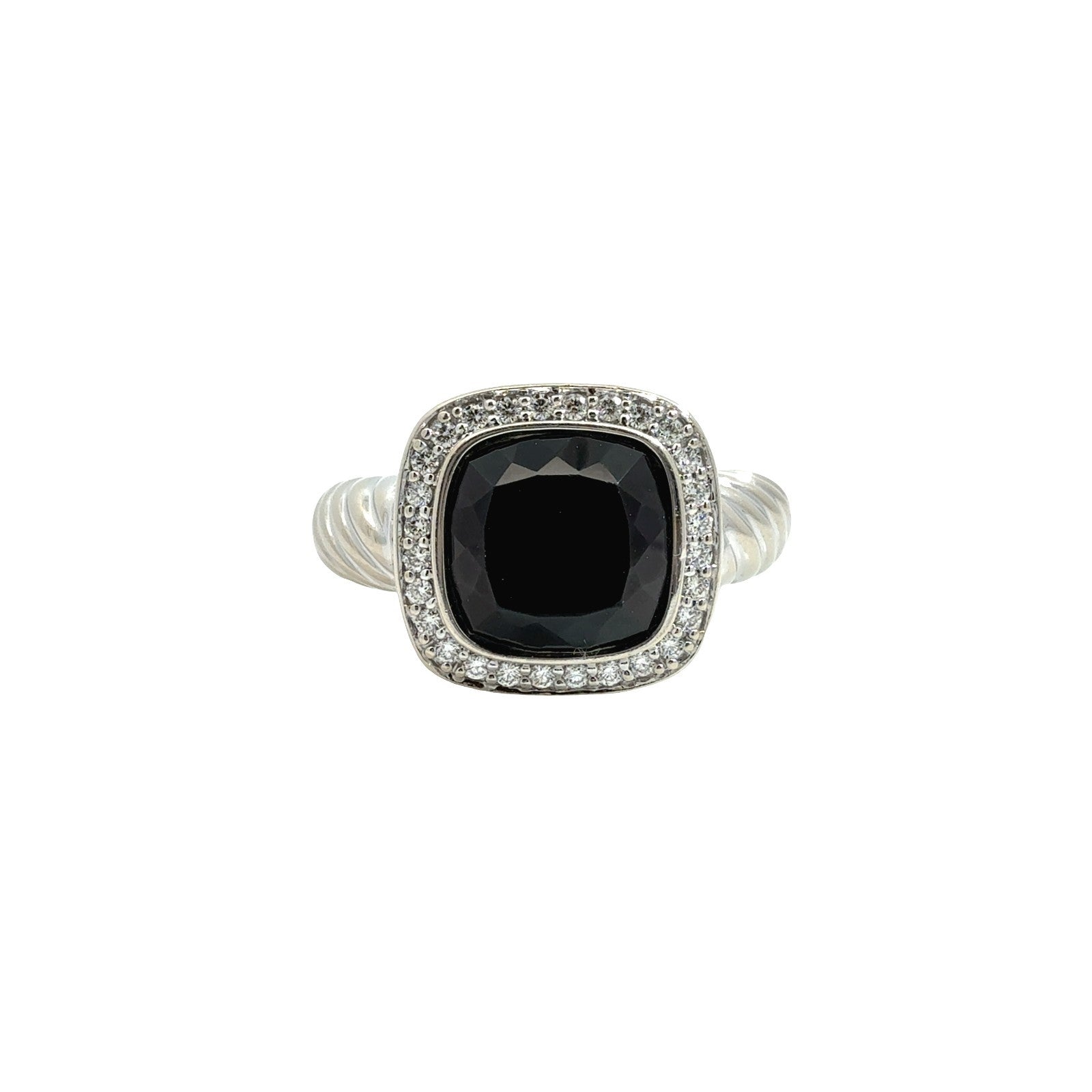 14k White Gold Onyx and 0.17cttw Diamond Halo Twisted Cable Cocktail Ring0