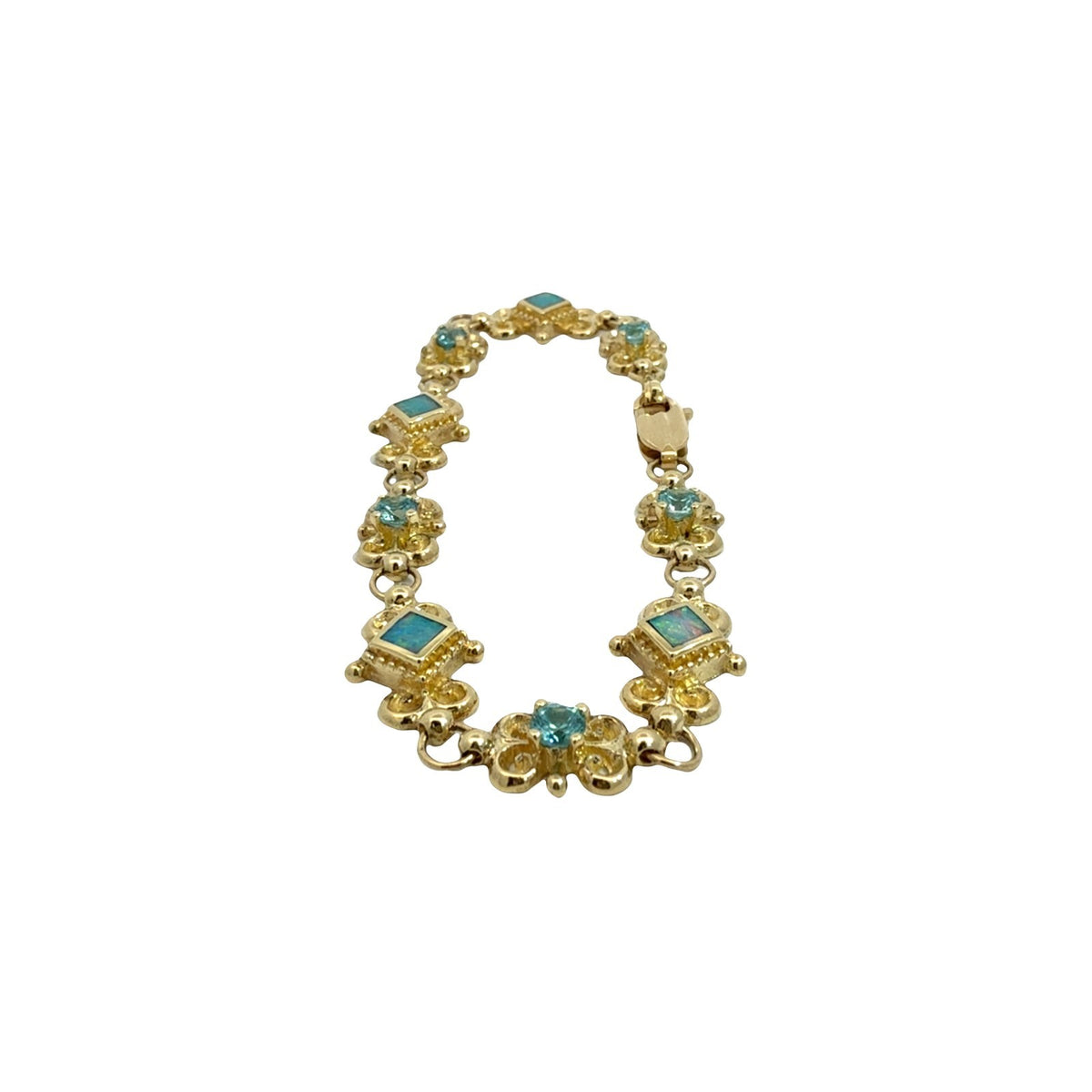 14k Yellow Gold 1.55cttw Blue Zircon & Opal Filigree Chain Bracelet 7.25"4