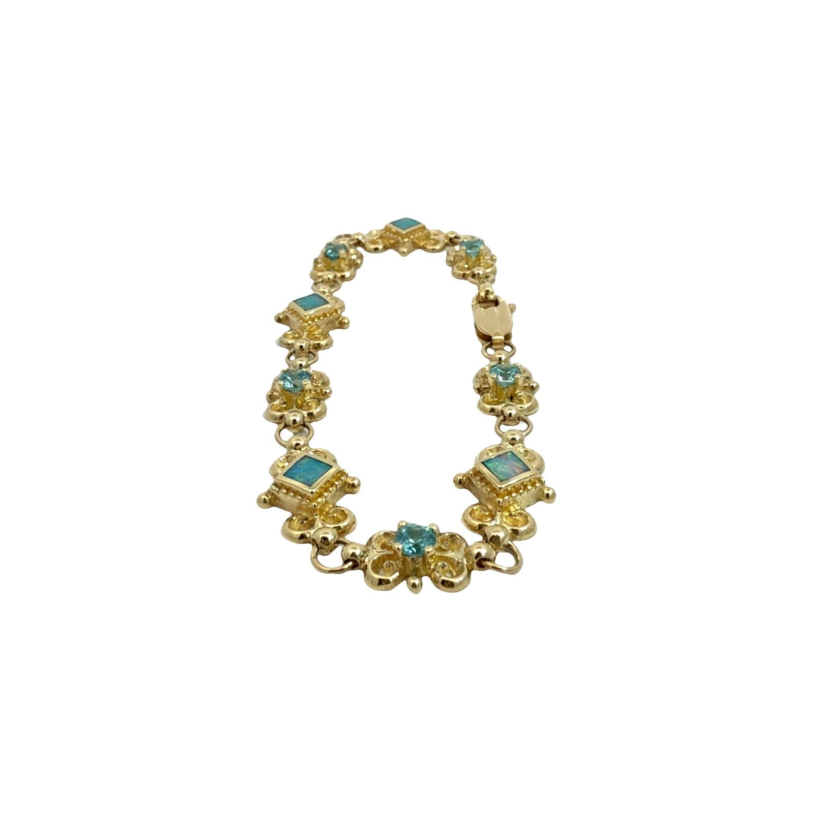 14k Yellow Gold 1.55cttw Blue Zircon & Opal Filigree Chain Bracelet 7.25"4