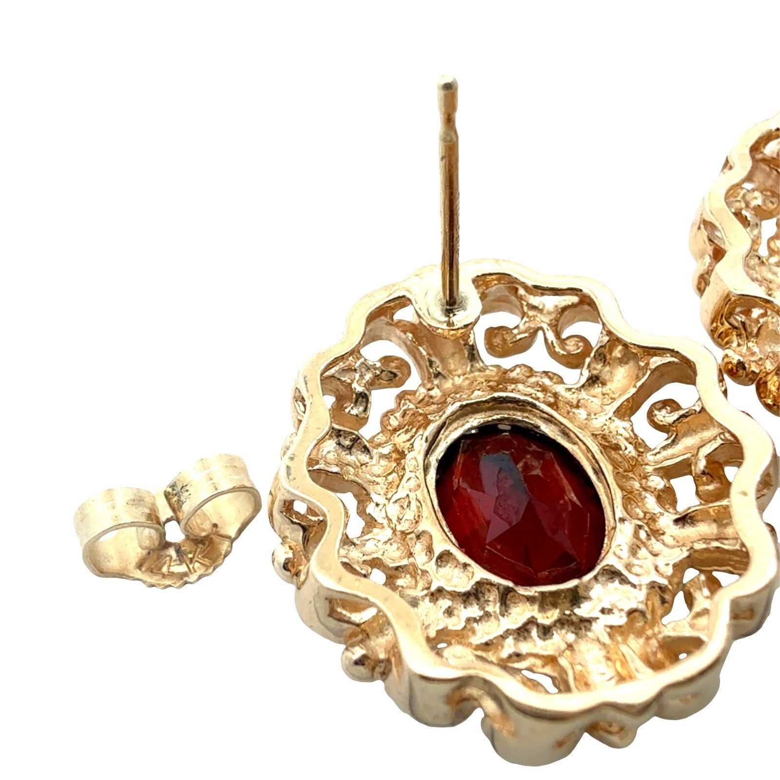 Vintage Stamped 14k Yellow Gold Oval 3.22cttw Garnet Filigree Stud Earrings4