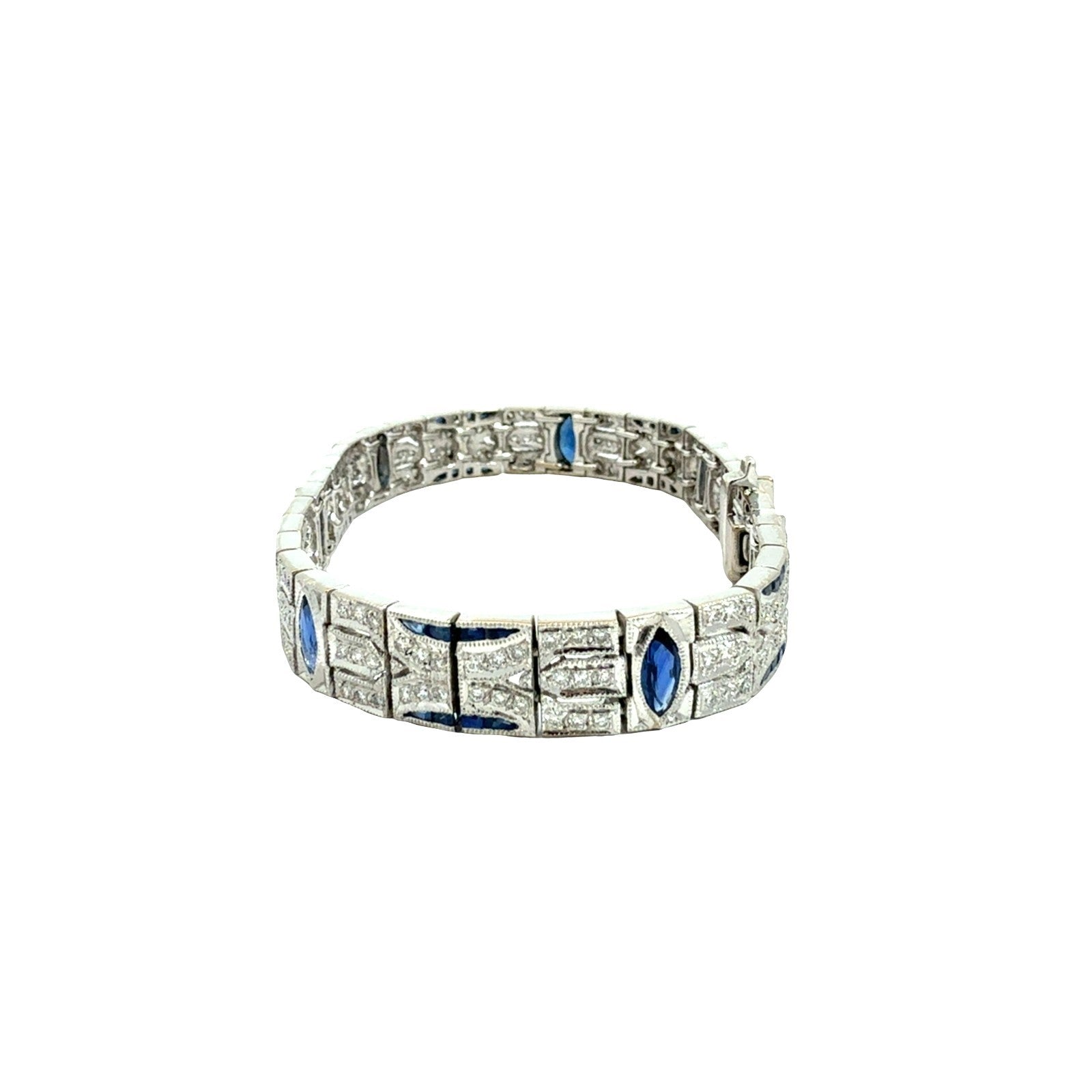 18k White Gold 3.01cttw Sapphire and 1.58cttw Diamond Art Deco Style Bracelet 7"2