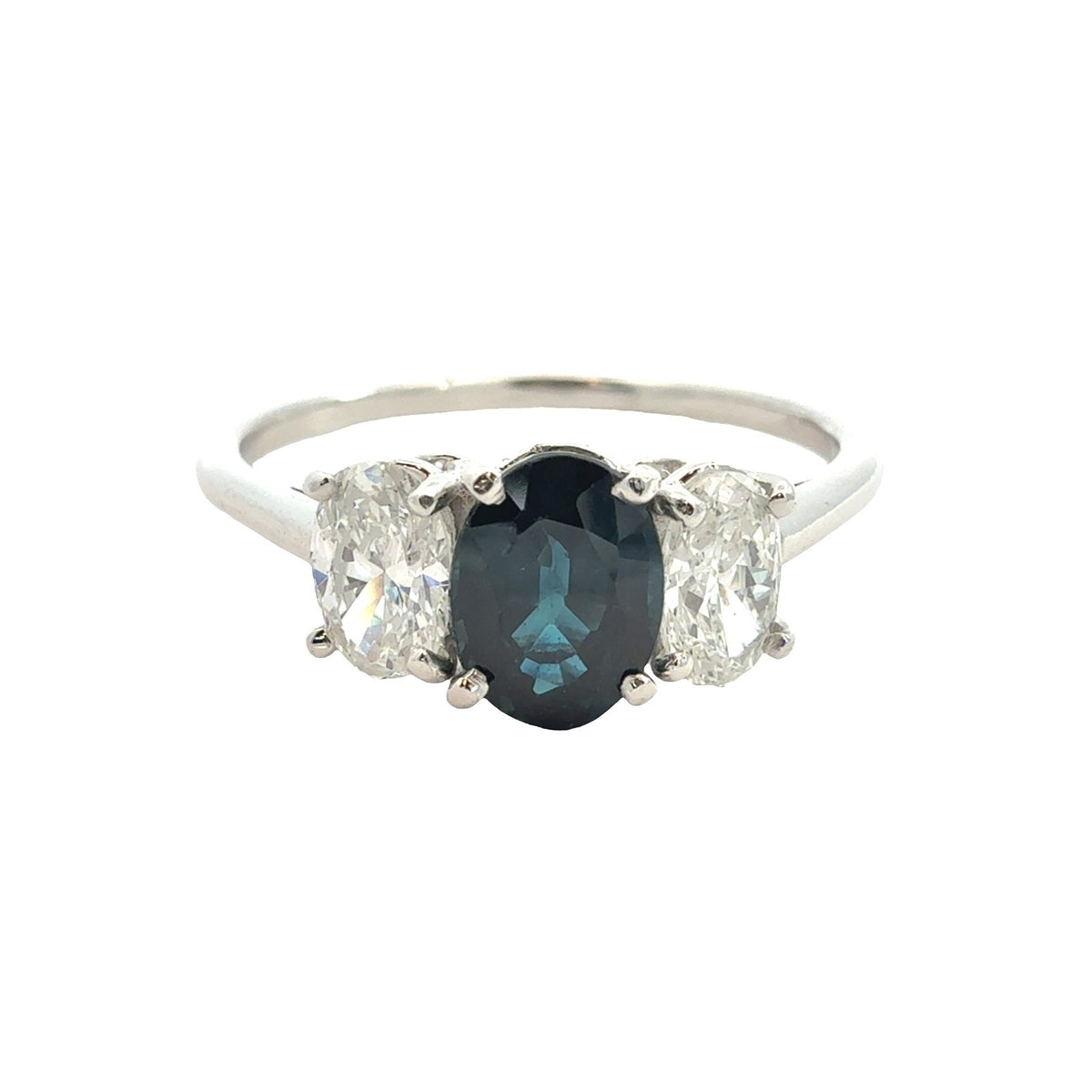 Platinum Three Stone Ring with 1.02ctw Sapphire and 0.64ctw Diamond Size 7.755