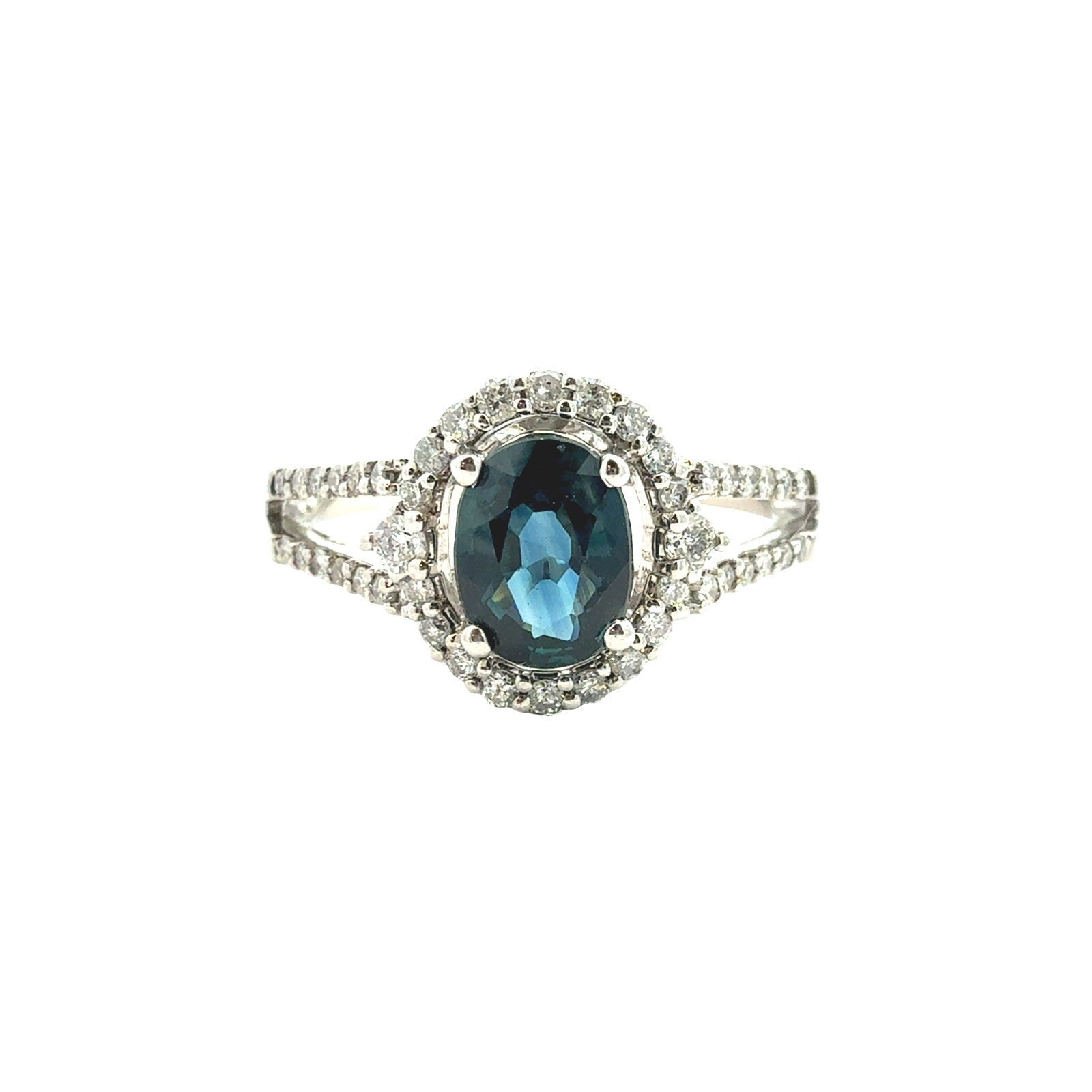 10k White Gold 0.87tcw Sapphire and 0.37cttw Diamond Halo Split-Shank Ring0