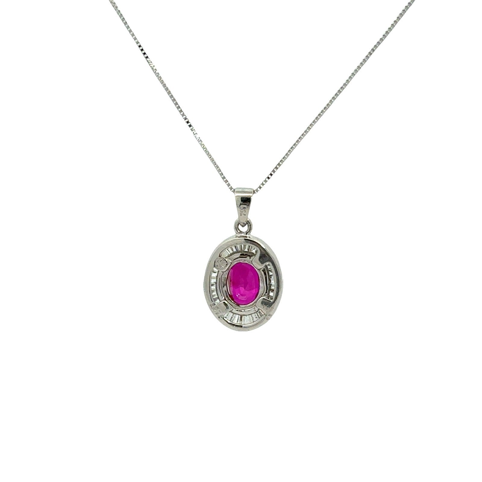 18k White Gold 0.83tcw Oval Ruby and 0.35cttw Diamond Halo Pendant Necklace0