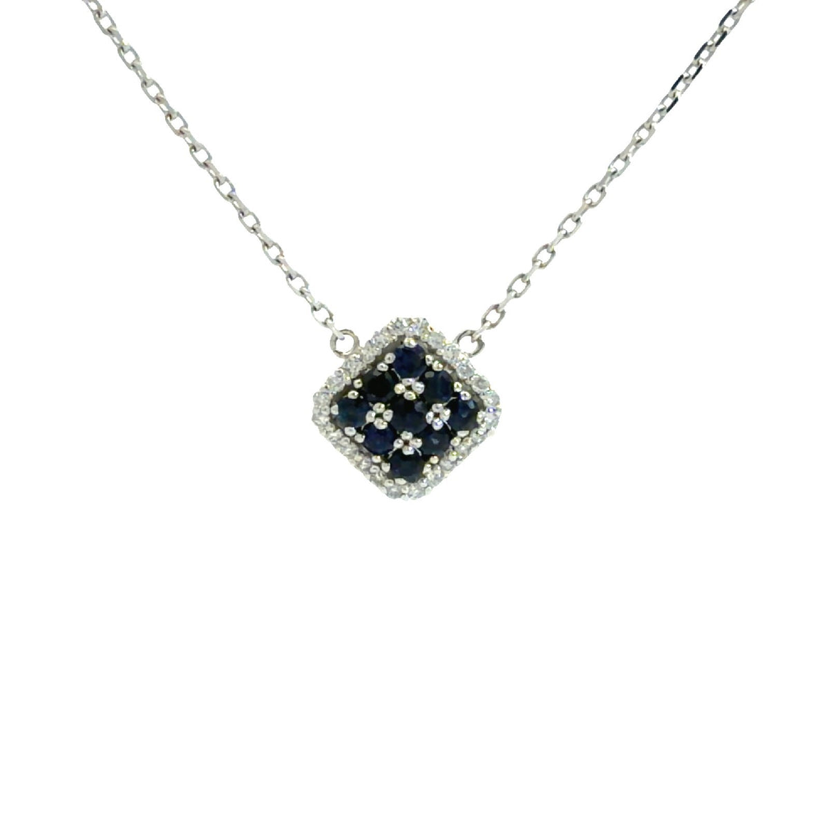 14k White Gold 0.25cttw Sapphire & 0.18cttw Diamond Cluster Pendant Necklace 16"1