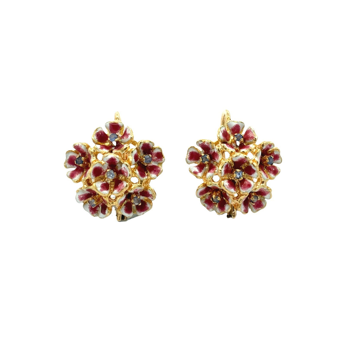 Vintage 18k Yellow Gold Enamel and 0.12cttw Sapphire Cluster Floral Earrings0