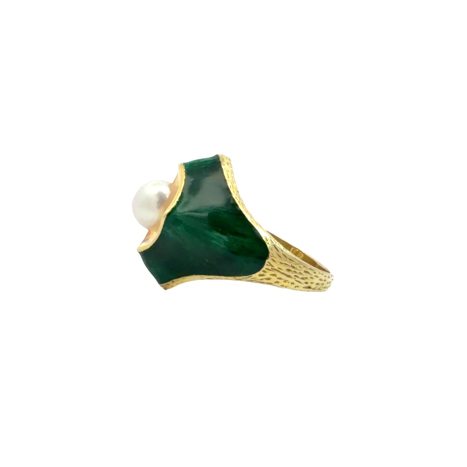Vintage 18k Yellow Gold Green Enamel & Pearl Cocktail Ring Size 7.750