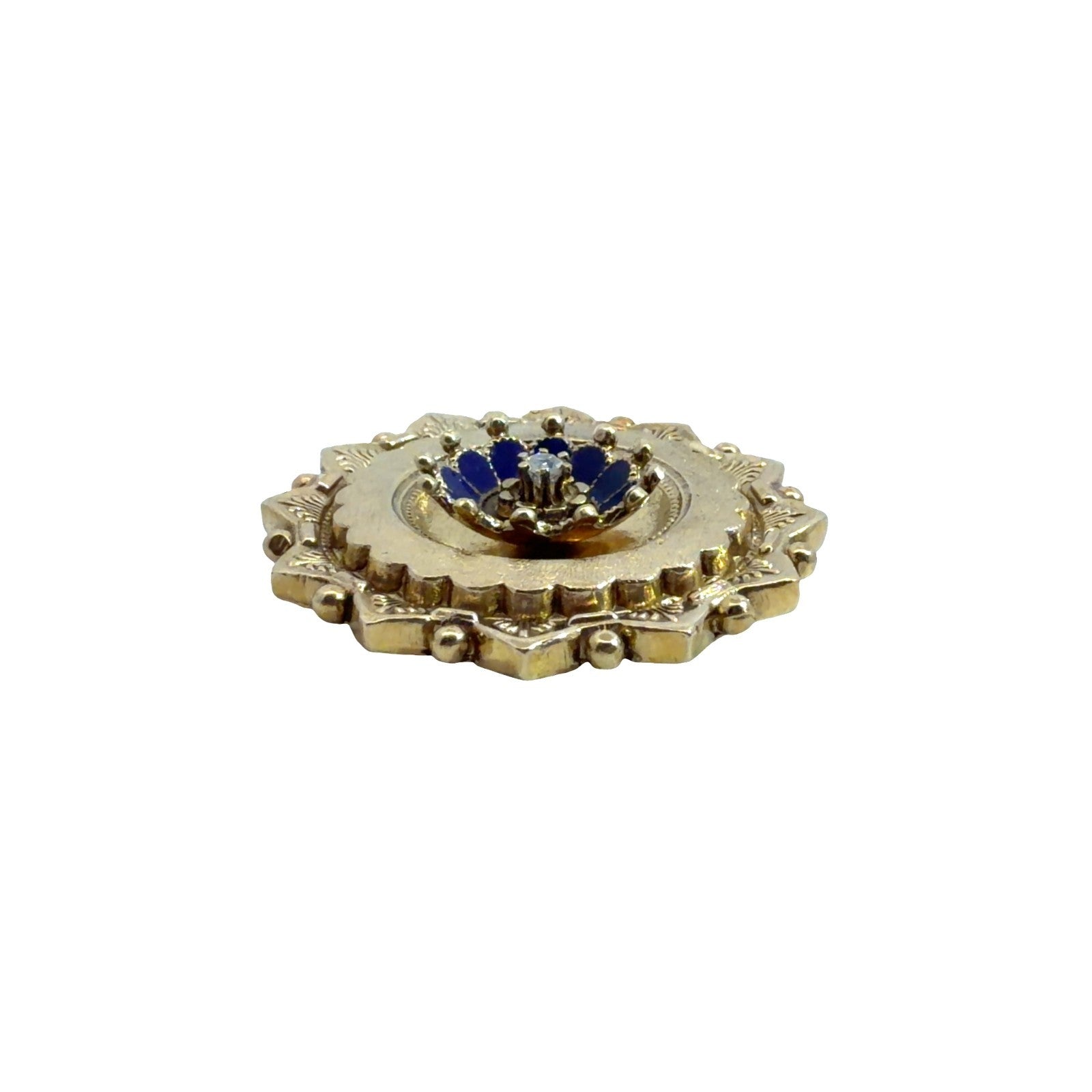 Antique Stamped 14k Yellow Gold Old Mine 0.07cttw Diamond & Blue Enamel Brooch0