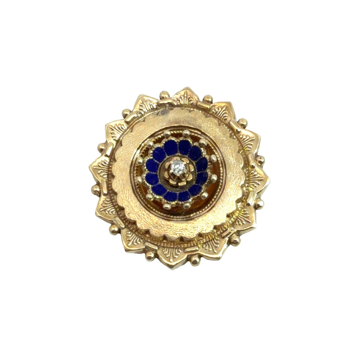 Antique Stamped 14k Yellow Gold Old Mine 0.07cttw Diamond &amp; Blue Enamel Brooch0
