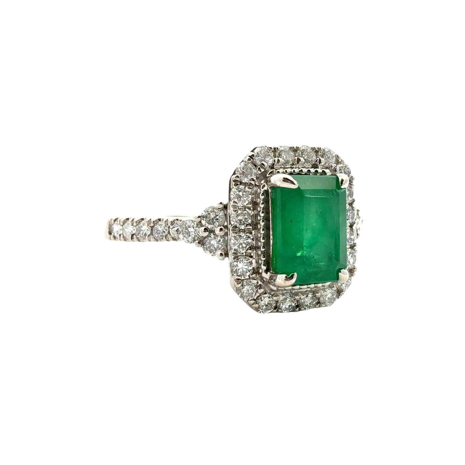 Royal 14k White Gold 1.02tcw Emerald and 0.63cttw Diamond Halo Cocktail Ring0