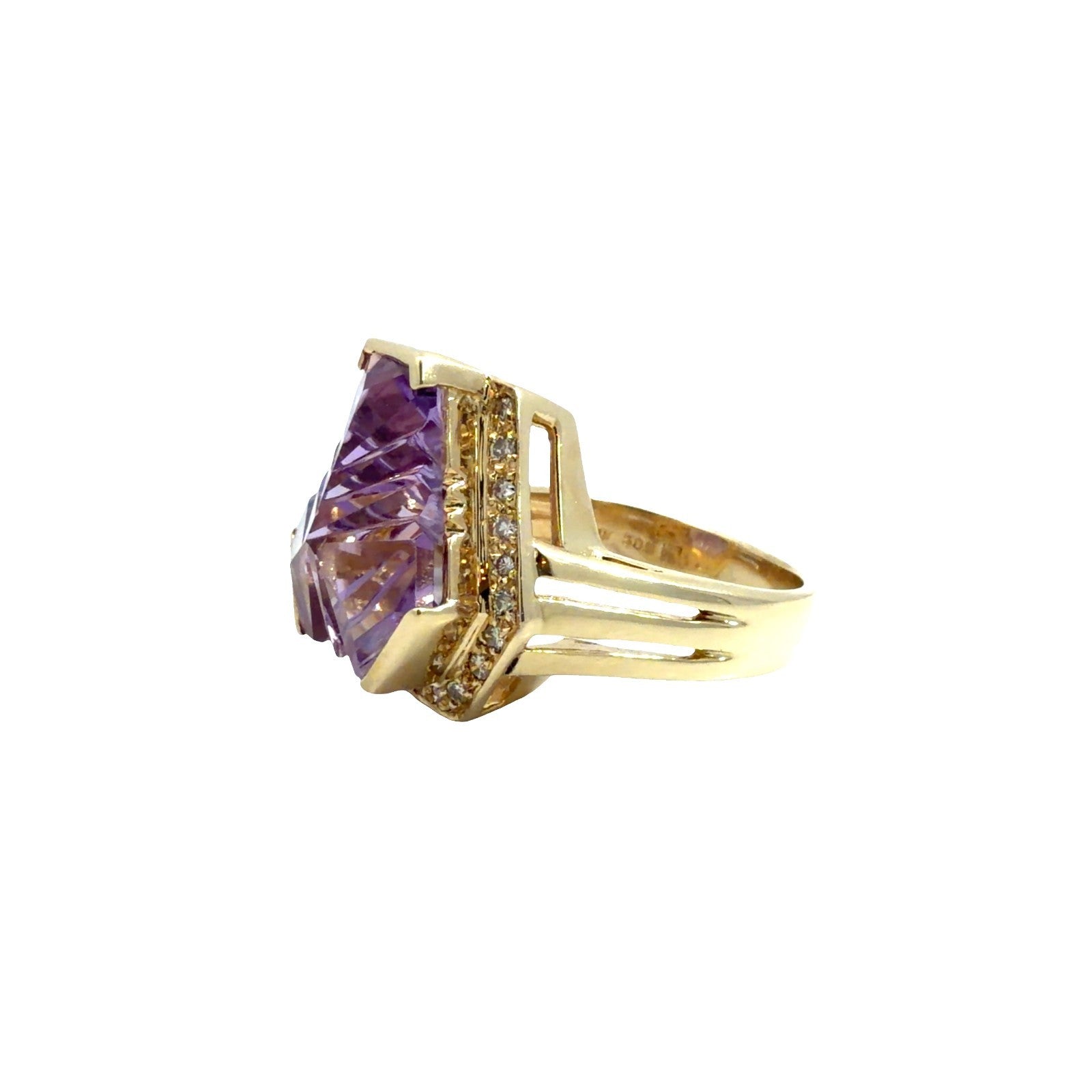 14k Yellow Gold Fantasy Cut Amethyst & 0.20cttw Diamond Cocktail Ring Size 6.55