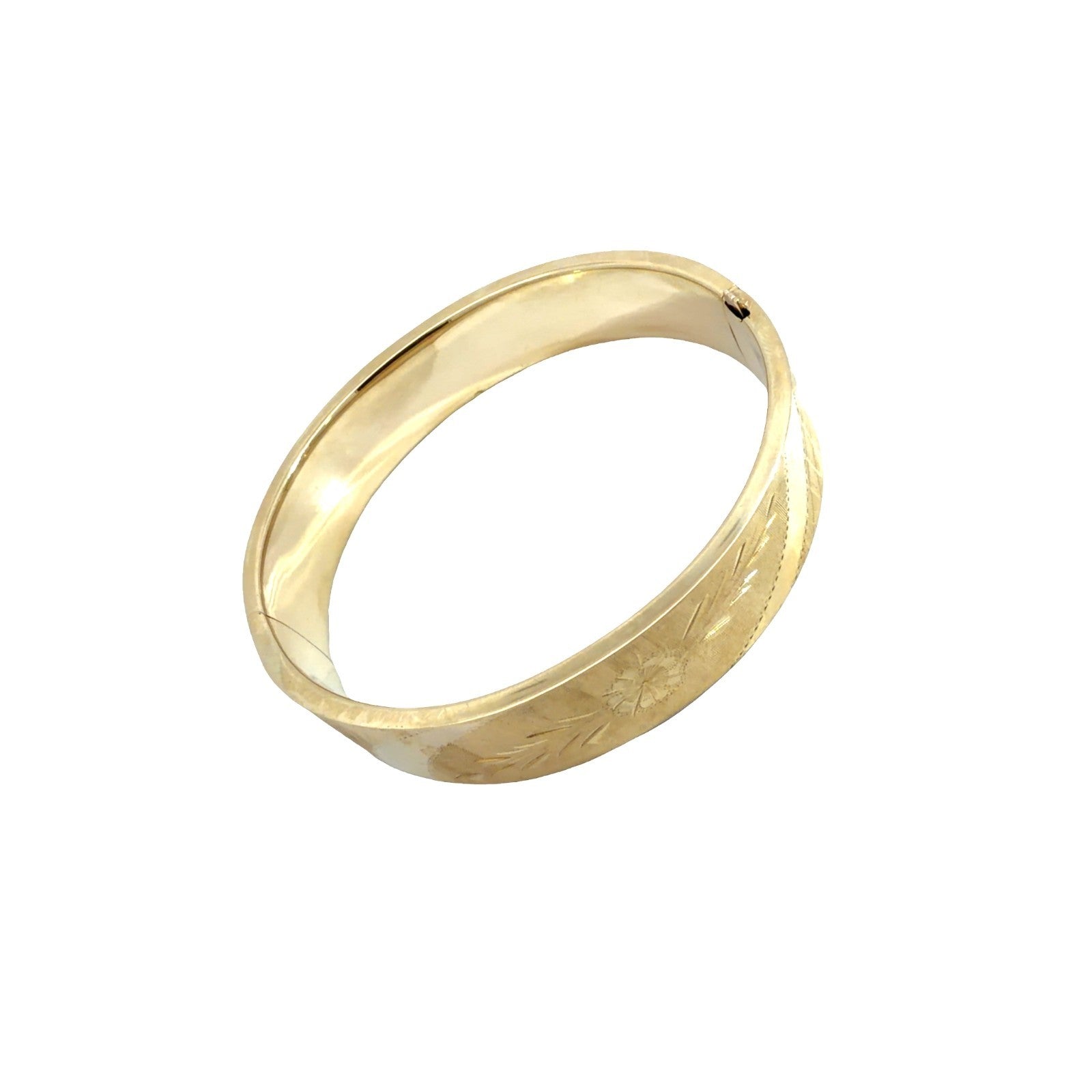 Vintage 13k Yellow Gold Etched Floral Motif Hinged Bangle Bracelet0