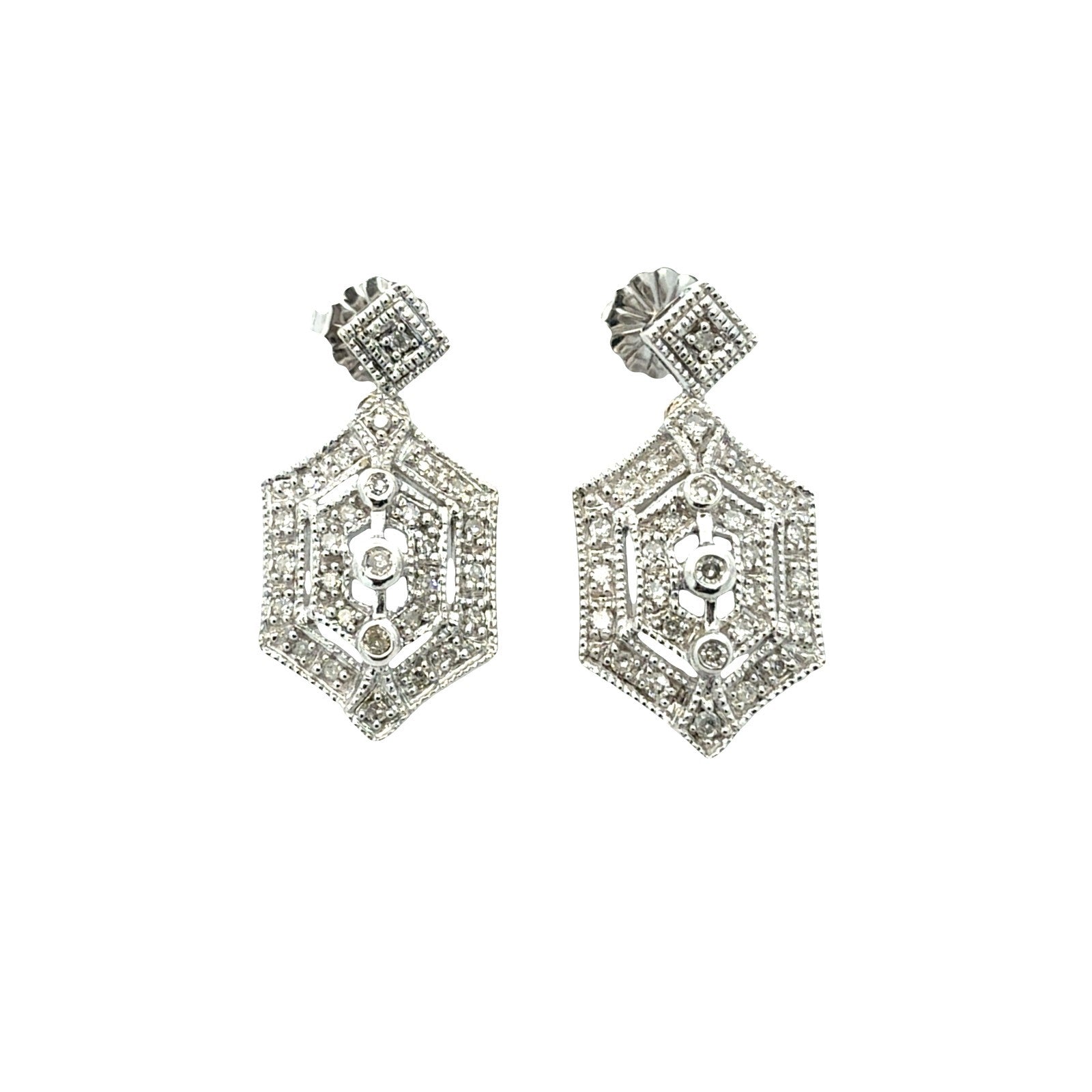 14k White Gold and 0.42cttw Diamond Geometric Art Deco Style Dangle Earrings0