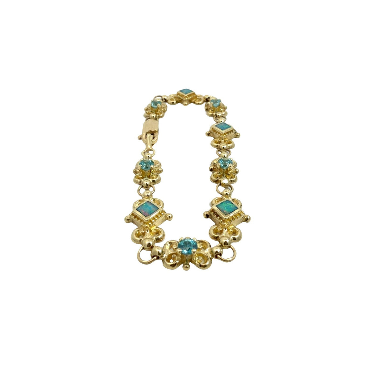 14k Yellow Gold 1.55cttw Blue Zircon & Opal Filigree Chain Bracelet 7.25"2