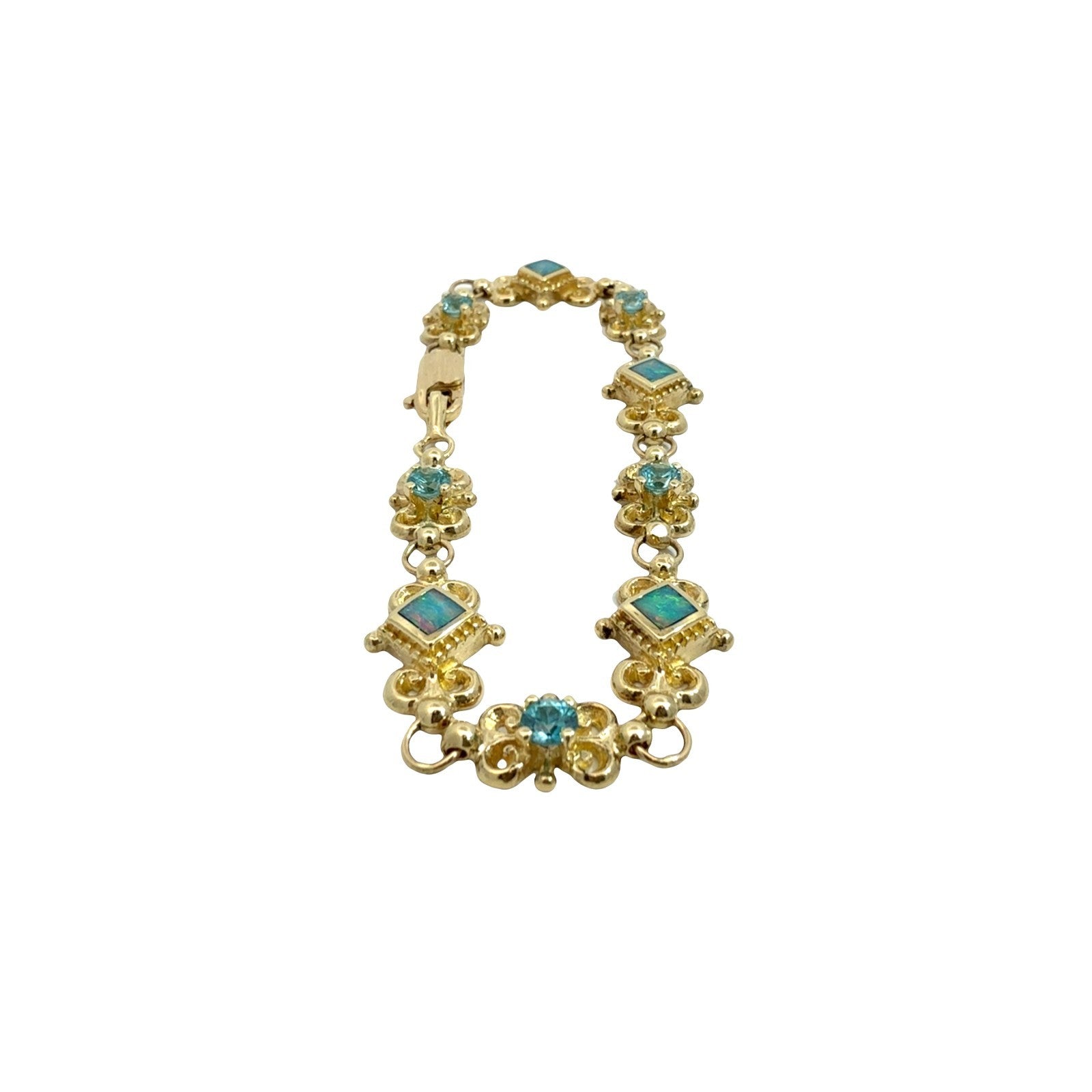 14k Yellow Gold 1.55cttw Blue Zircon & Opal Filigree Chain Bracelet 7.25"2