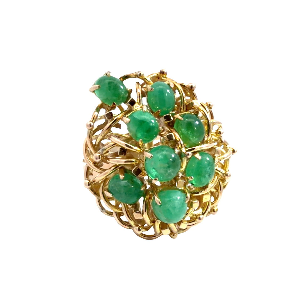 Stamped 14k Yellow Gold Wire Work and Cluster Emerald Cocktail Ring Size 70