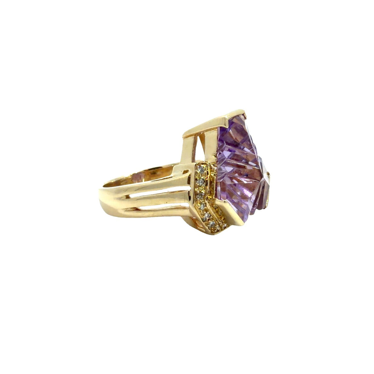 14k Yellow Gold Fantasy Cut Amethyst & 0.20cttw Diamond Cocktail Ring Size 6.51