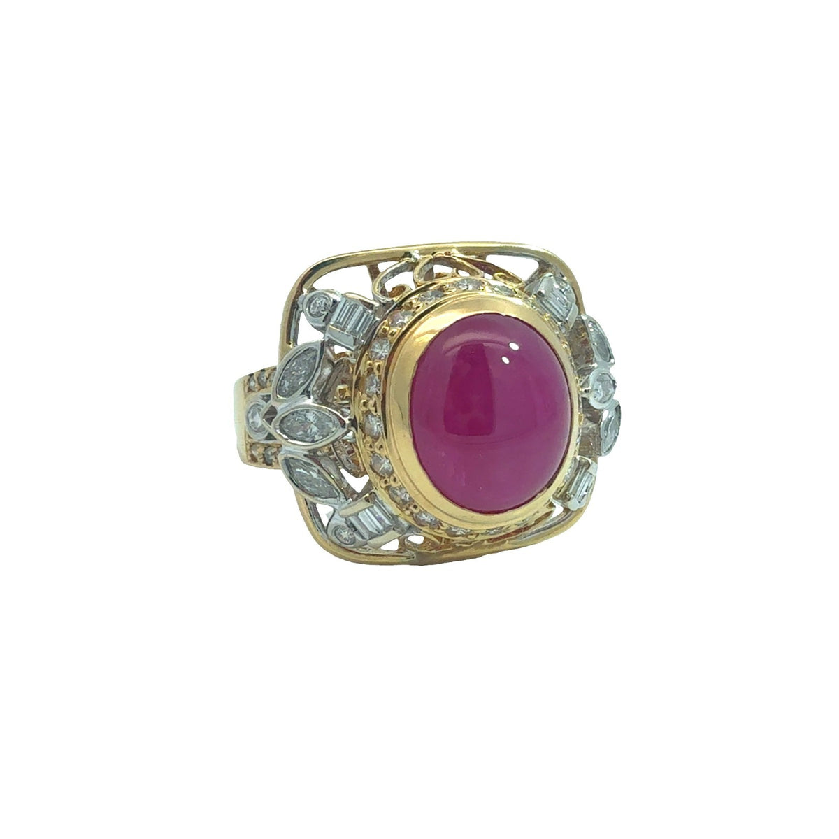 18k Yellow Gold Two Toned 1.13ctw Diamond & 5.00ctw Ruby Cocktail Ring Size 7.51