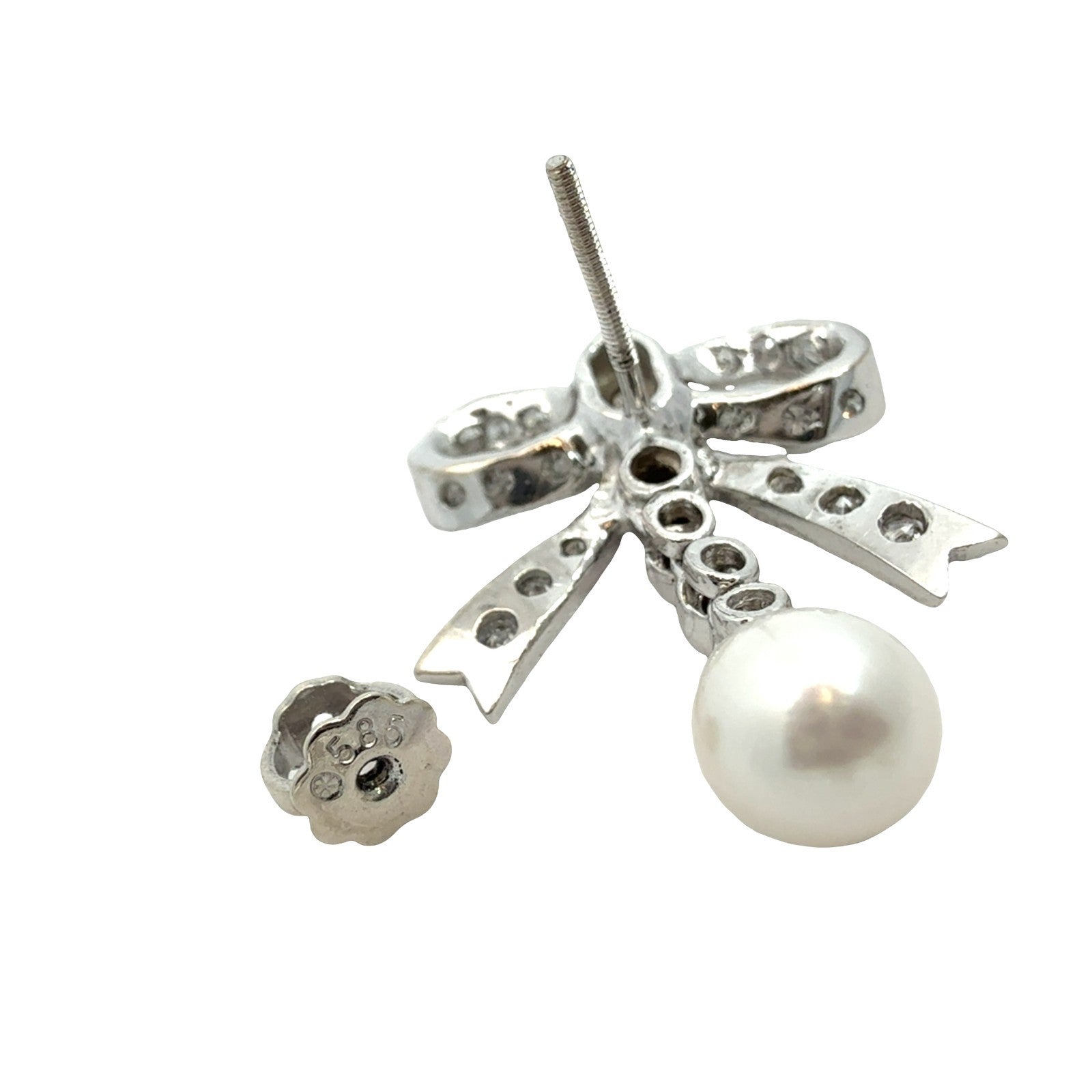 14k White Gold 0.60cttw Diamond Bow and Pearl Drop Earrings4