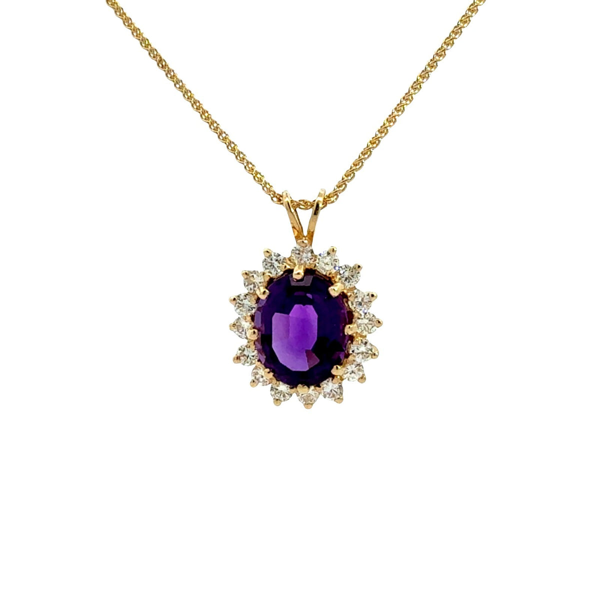 14K Yellow Gold 2.41tcw Oval-Cut Amethyst 0.48cttw Diamond Halo Pendant Necklace0