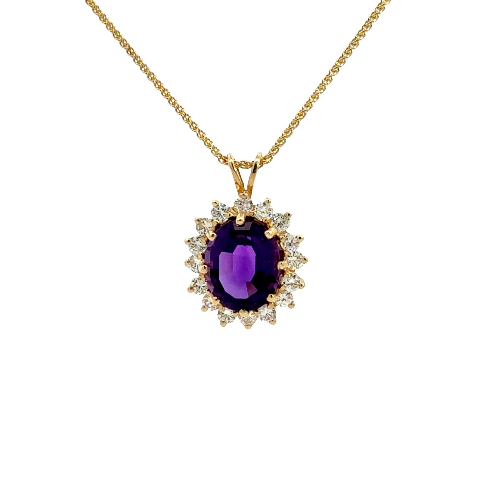 14K Yellow Gold 2.41tcw Oval-Cut Amethyst 0.48cttw Diamond Halo Pendant Necklace0