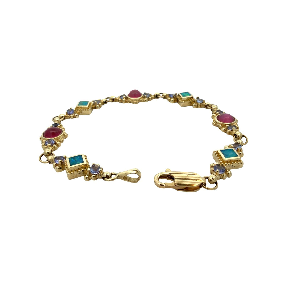 A.K 14k Yellow Gold Opal & 1.26cttw Iolite Multi-Color Link Bracelet 7"5