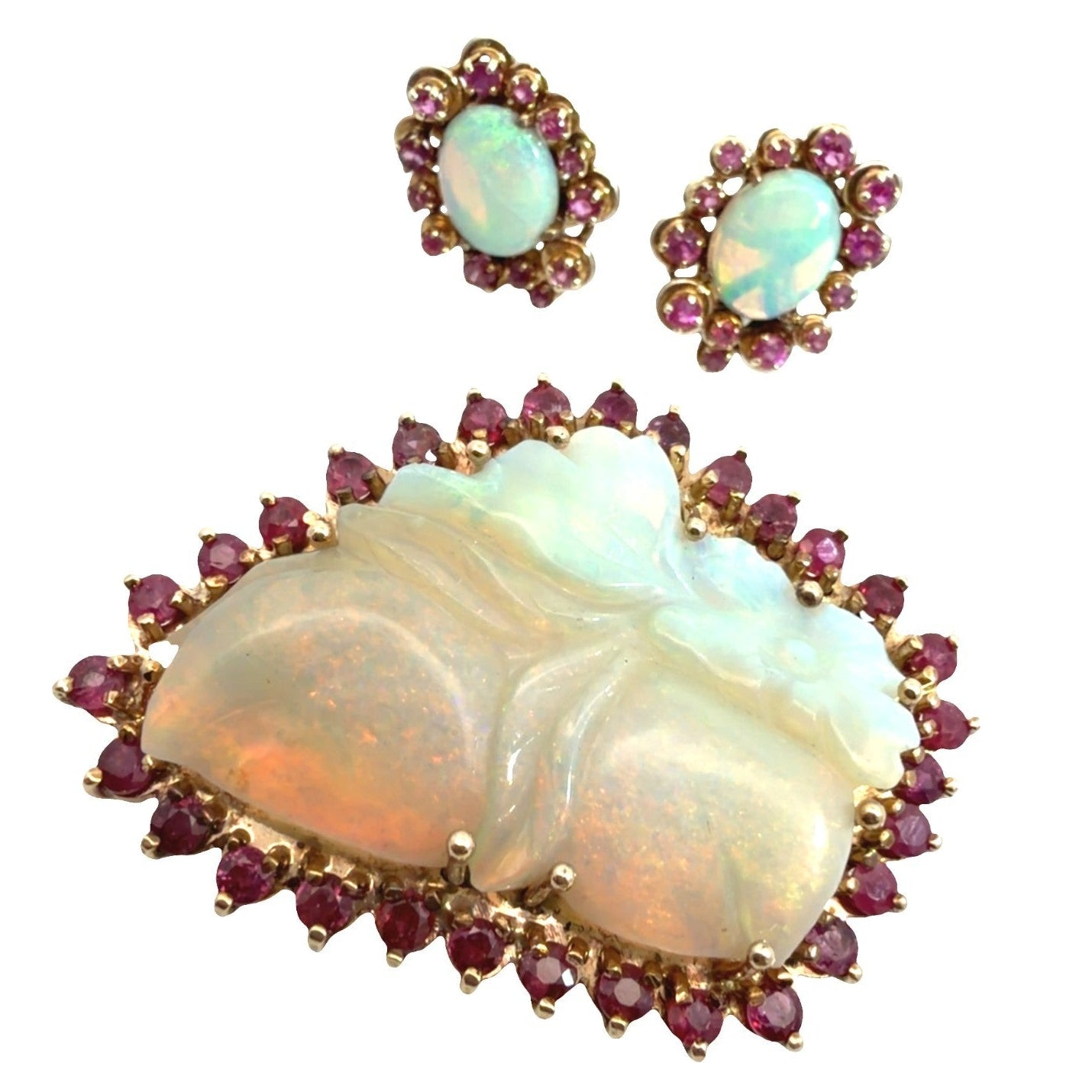 14k Yellow Gold 3.52ctw Ruby and 1.08ctw Opal Pin & Earring Set0