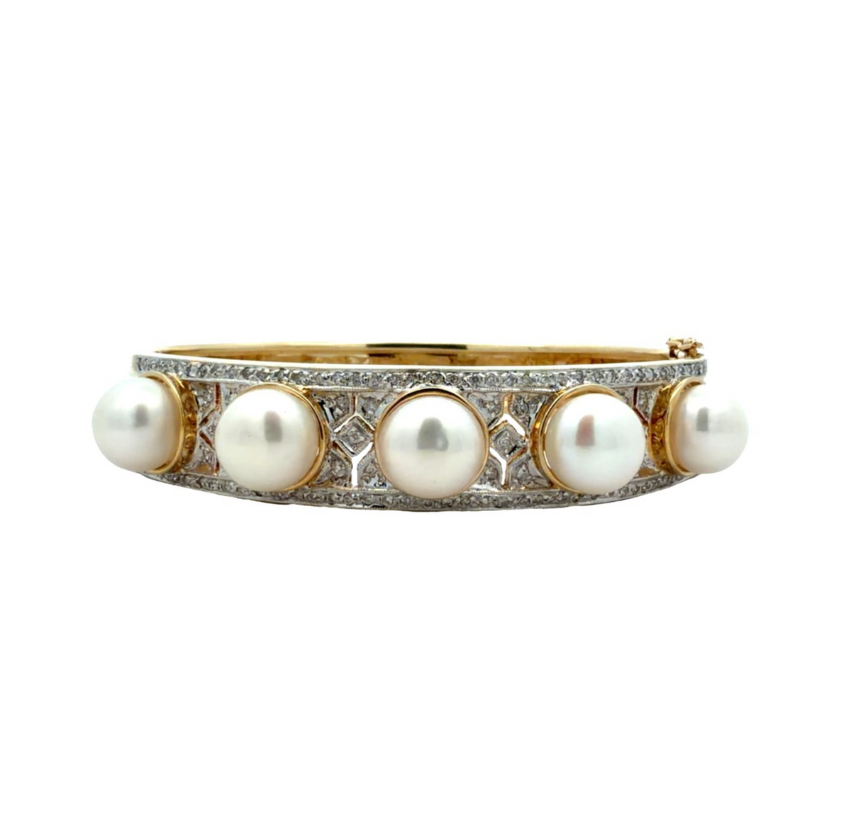 Vintage Art Deco 14k Yellow Gold Five Pearl & 0.53cttw Diamond Bangle0