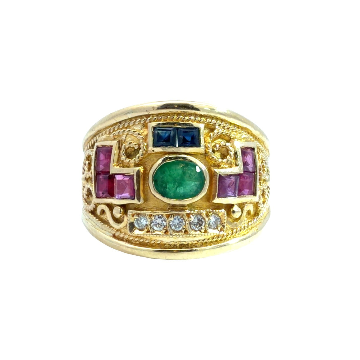 18k Yellow Gold Emerald, Ruby, Sapphire, and Diamond Byzantine Style Ring0