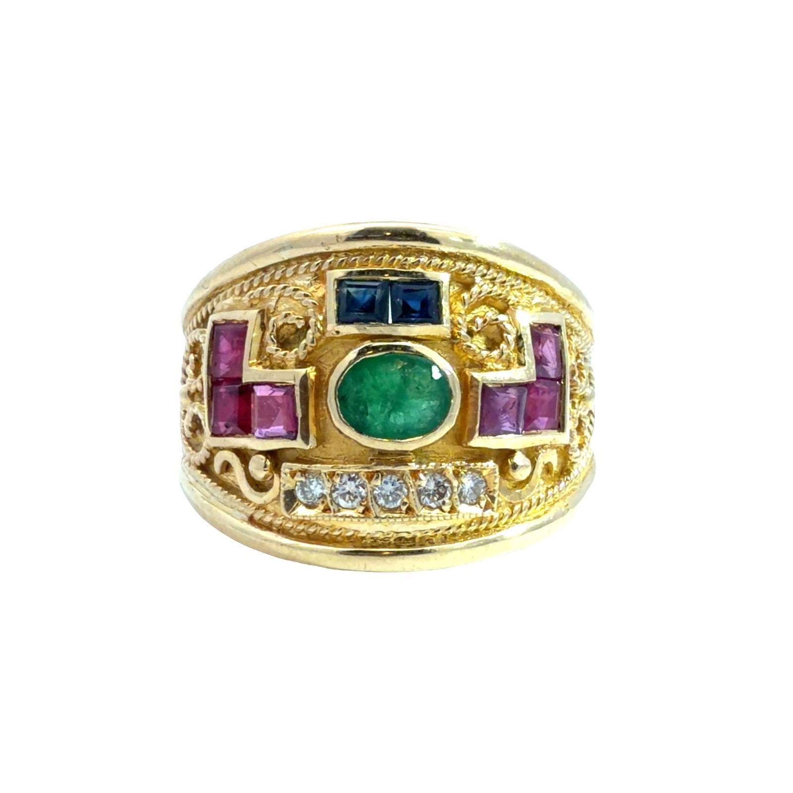 18k Yellow Gold Emerald, Ruby, Sapphire, and Diamond Byzantine Style Ring0
