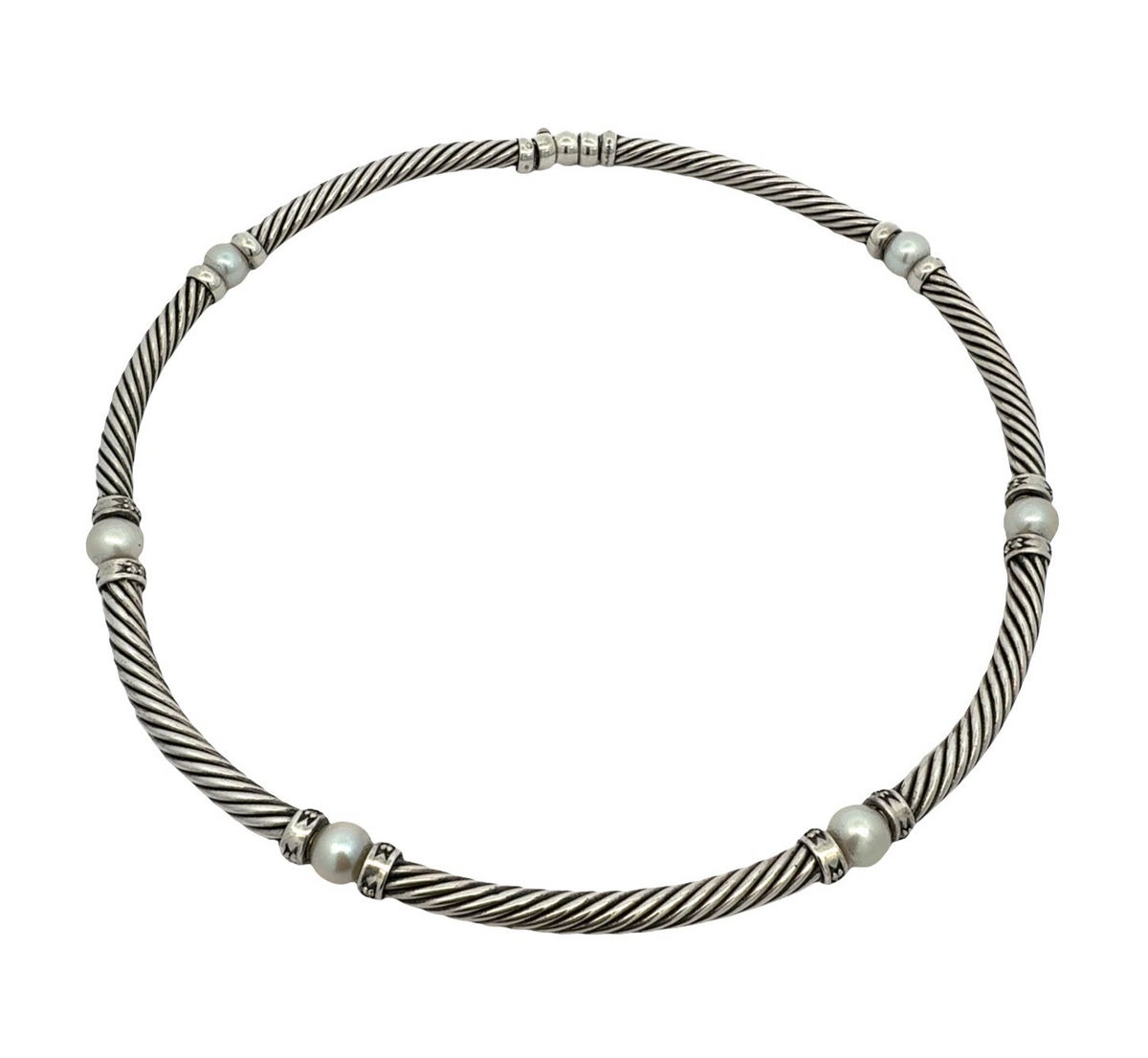 David Yurman Sterling Silver Pearl &amp; 0.64cttw Diamond Hampton Cable Choker 15.5"0