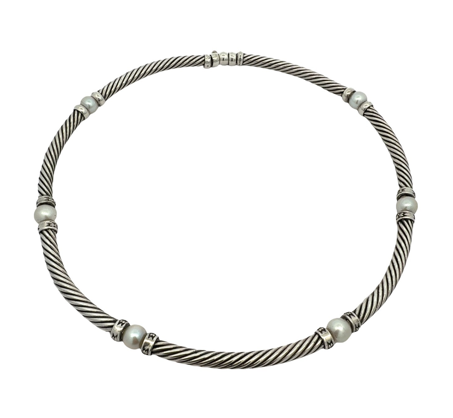 David Yurman Sterling Silver Pearl & 0.64cttw Diamond Hampton Cable Choker 15.5"0