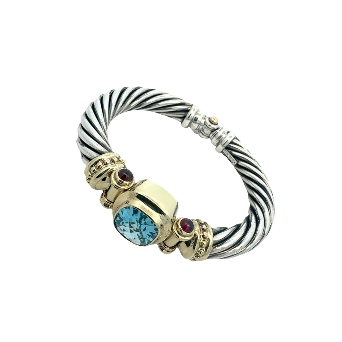 David Yurman Sterling Silver Two Tone Blue Topaz and Garnet Hinged Bangle2