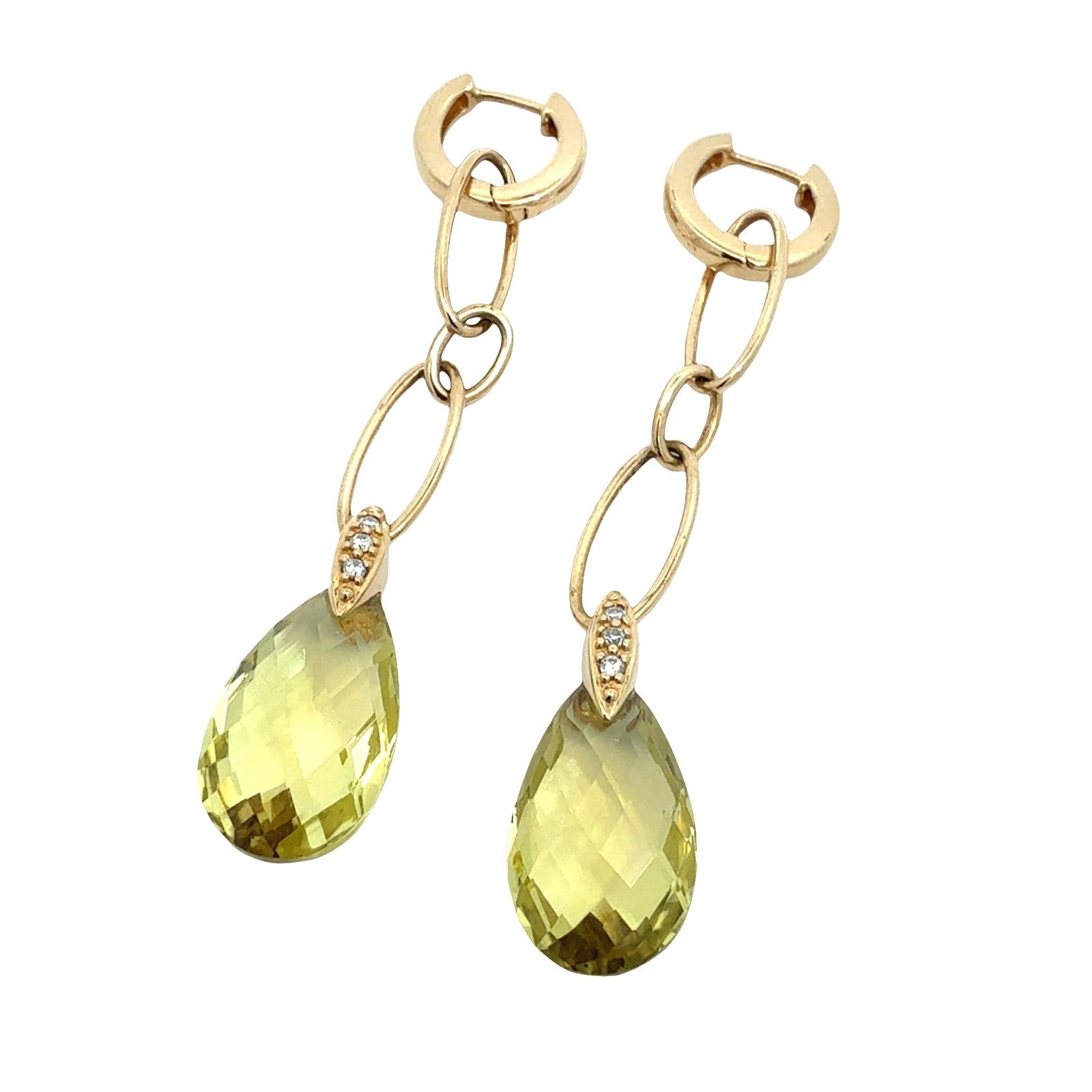 18k Yellow Gold 0.11cttw Diamond and Lemon Quartz Briolette Dangle Earrings0