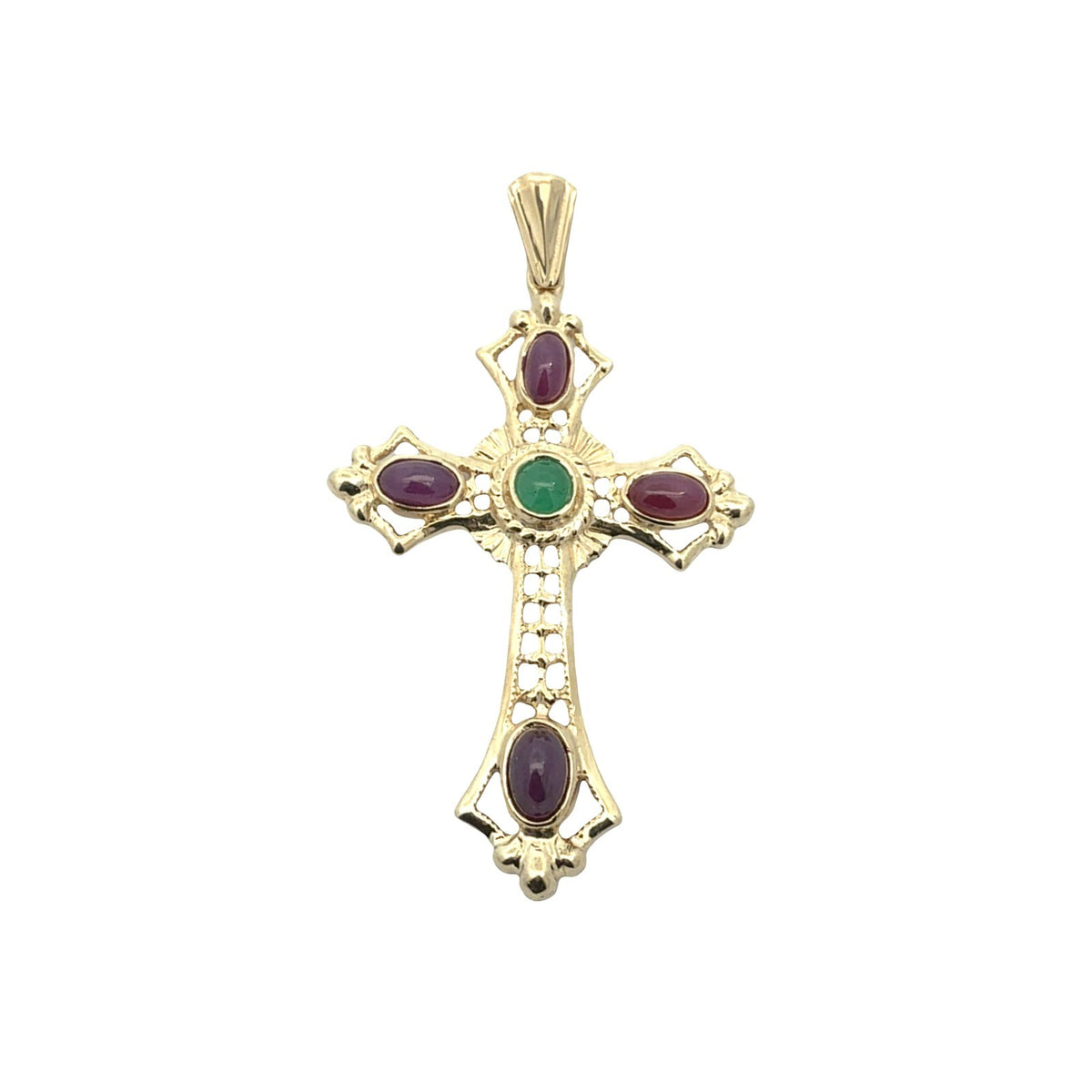 Vintage 14k Yellow Gold 0.20tcw Emerald and 1.89cttw Ruby Openwork Cross Pendant1