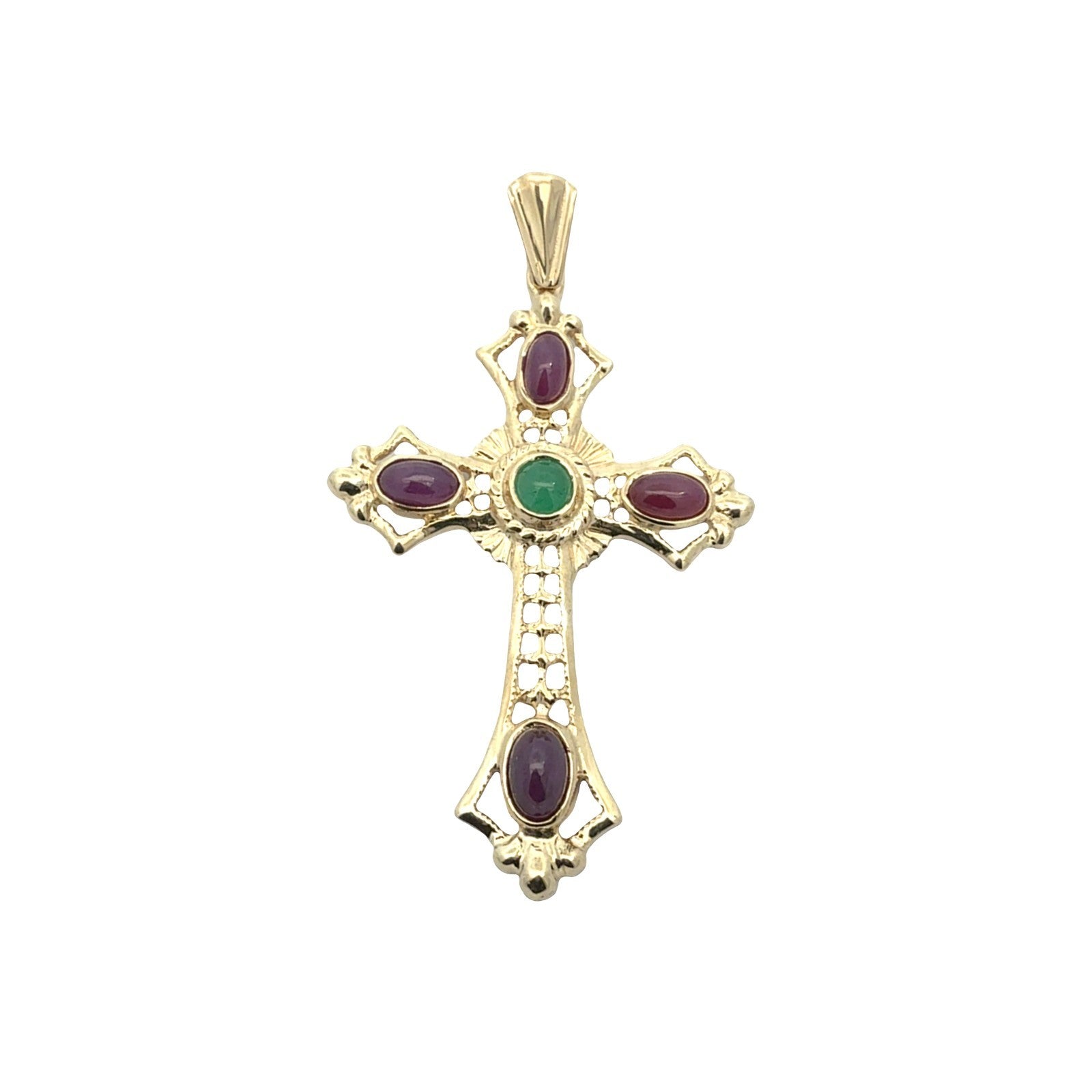 Vintage 14k Yellow Gold 0.20tcw Emerald and 1.89cttw Ruby Openwork Cross Pendant1