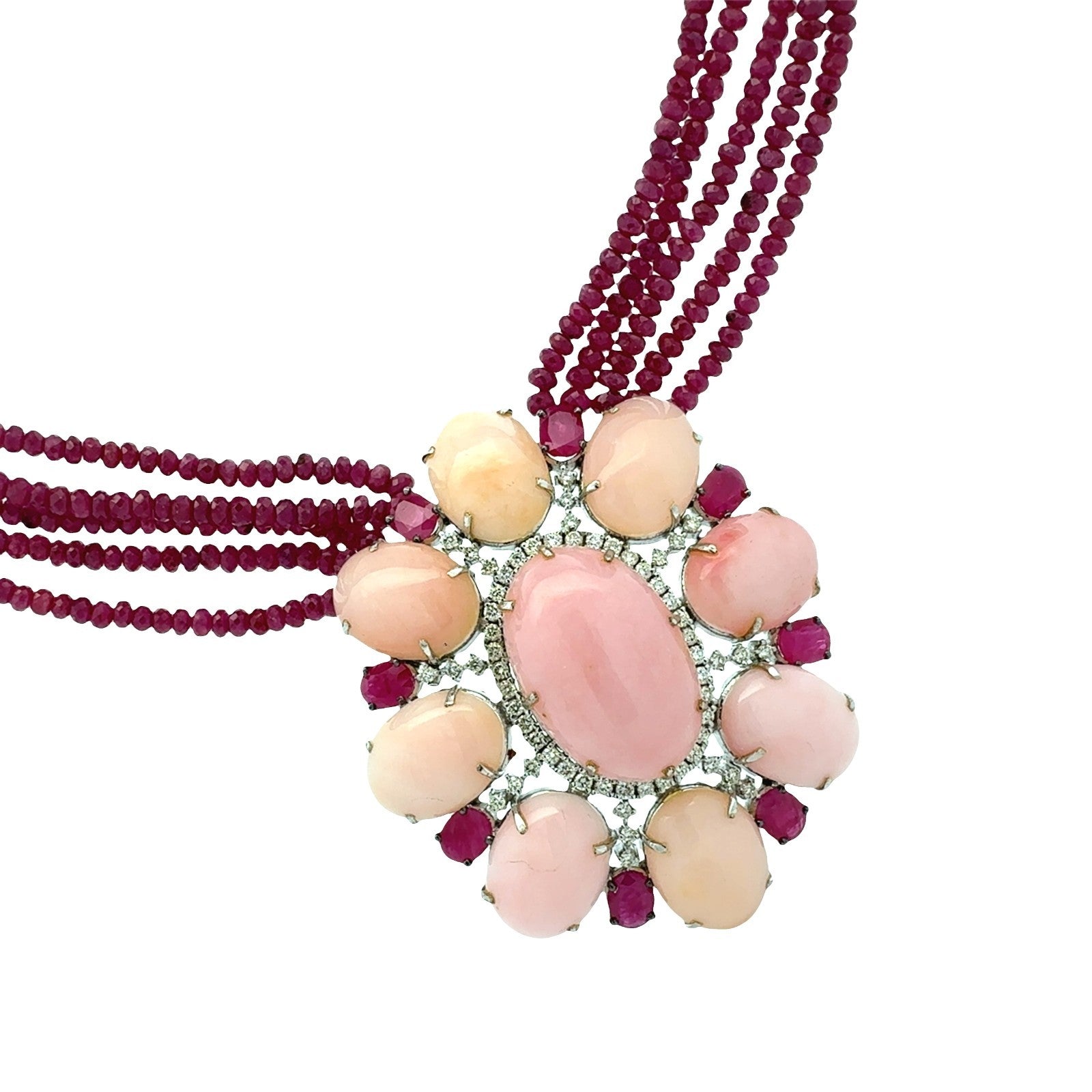 18k White Gold Opal 2.10cttw Diamond 9.76cttw Ruby Multi-Strand Beaded Necklace5