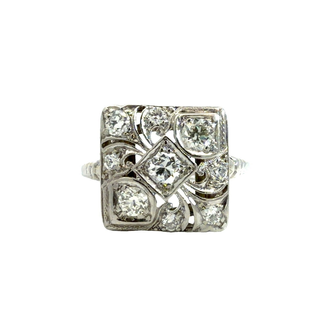 Vintage Art Deco White Gold 0.73cttw Diamond Filigree Cocktail Ring Size 80