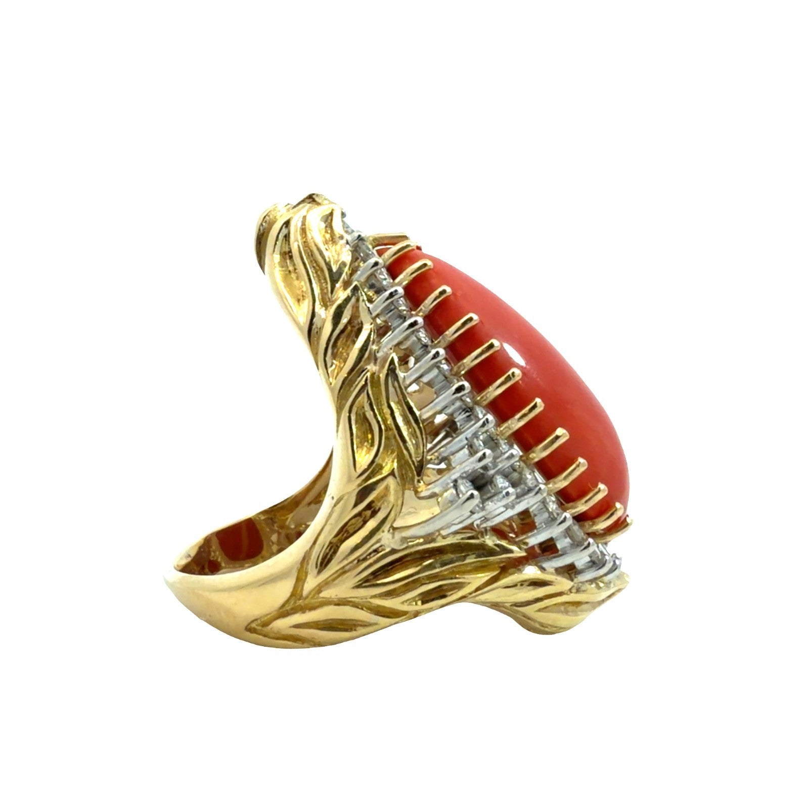 18k Yellow Gold Pear Coral and 1.90ctw Diamond Cocktail Ring Size 6.750