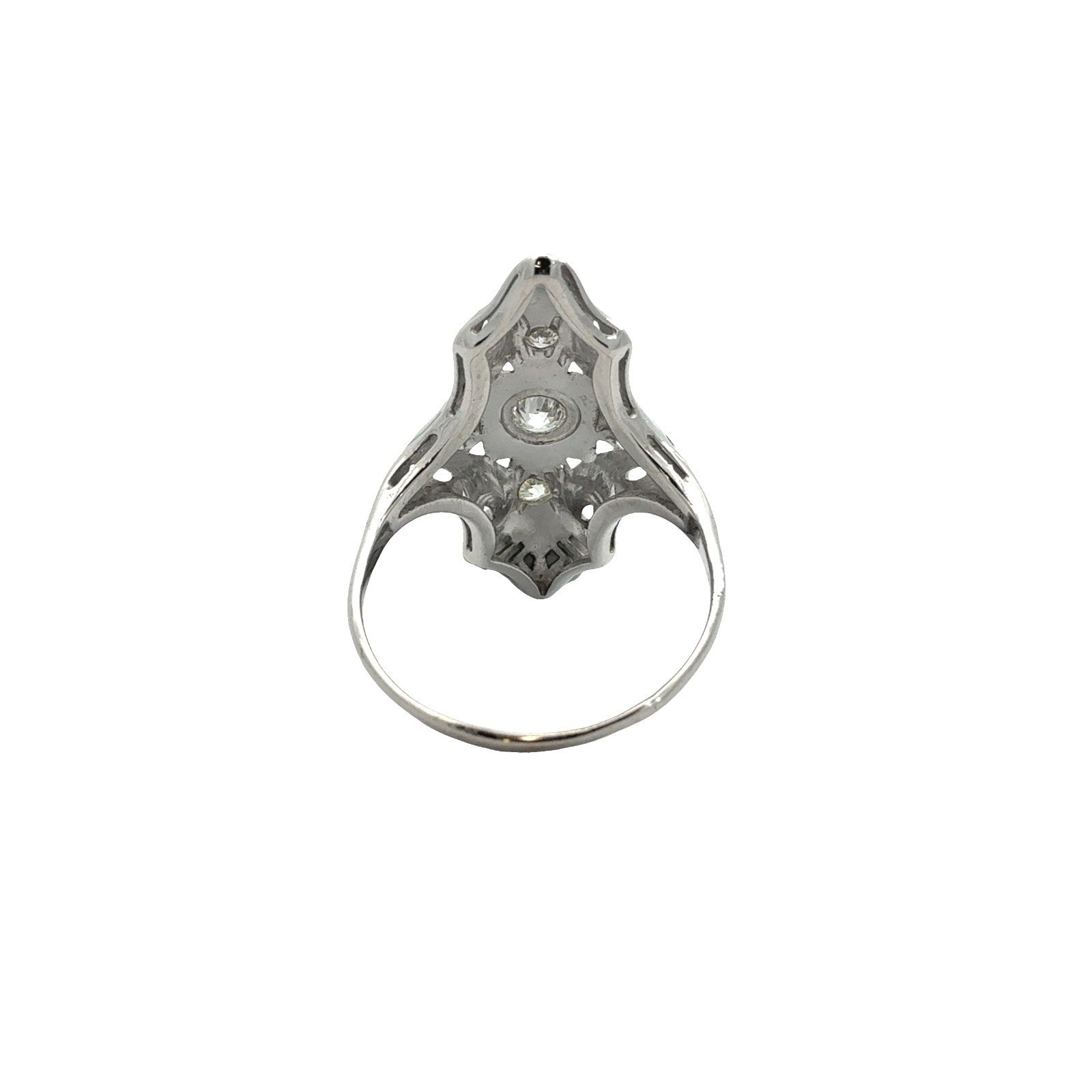 Vintage Art Deco 18k White Gold 0.32ctw Euro Cut Diamonds Navette Ring Size 63