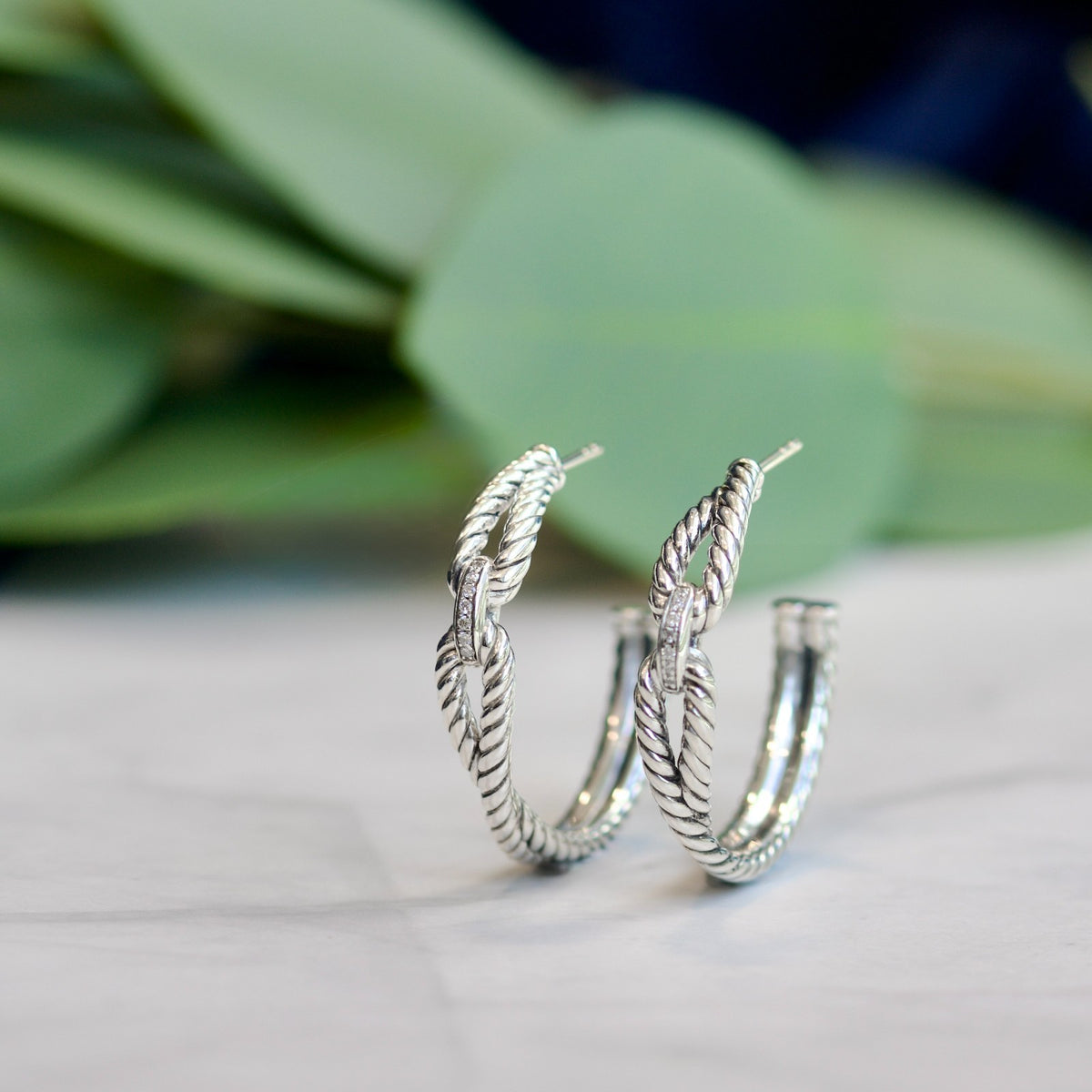David Yurman Sterling Silver and 0.11ctw Diamond Cable Loop Hoop Earrings0