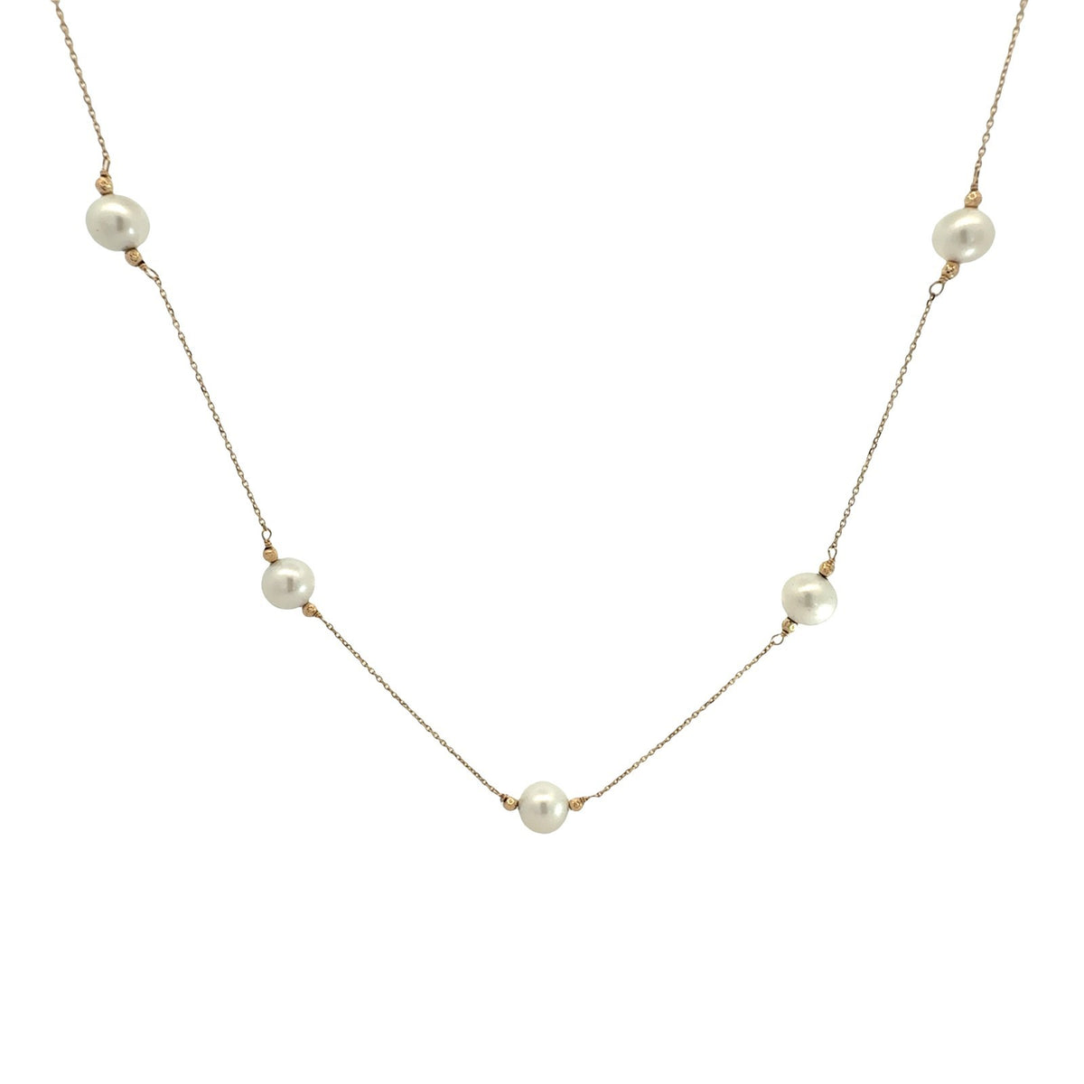 14k Yellow Gold 5 Pearl Station Necklace 17.5"0