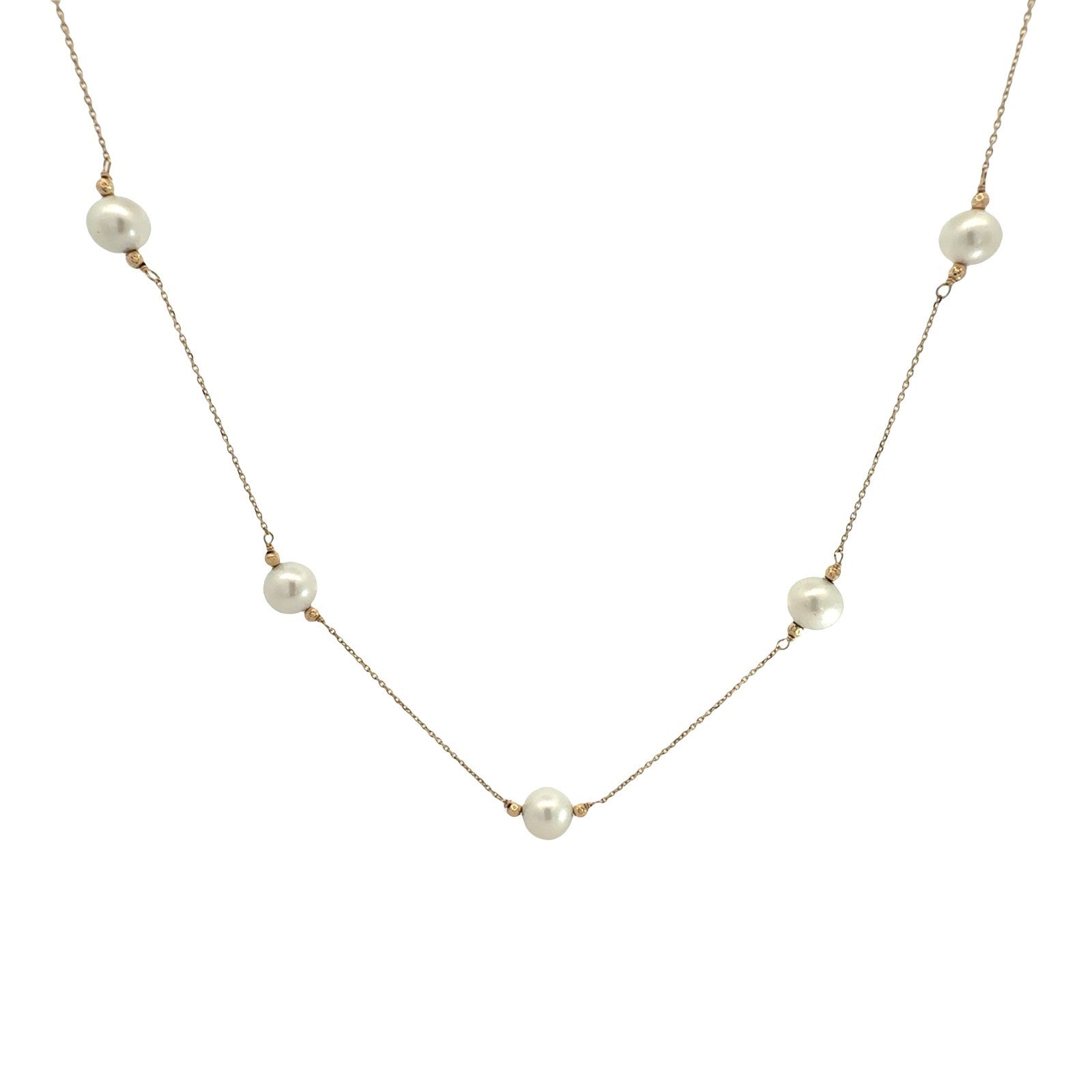 14k Yellow Gold 5 Pearl Station Necklace 17.5"0