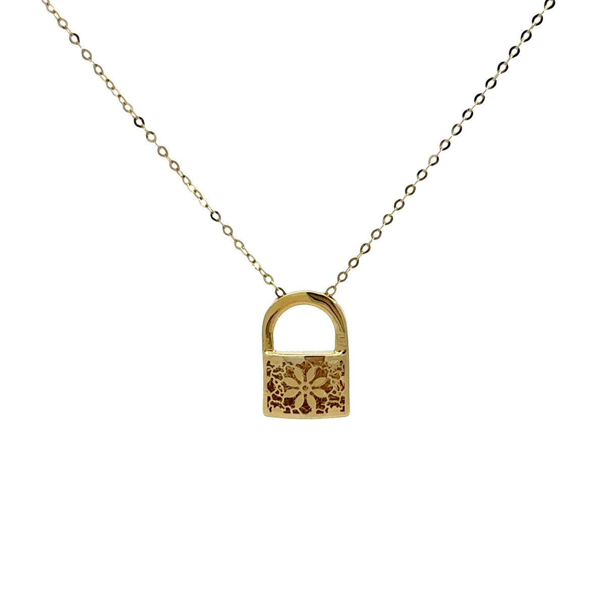 14k Yellow Gold Floral Openwork Padlock Pendant Neclace0