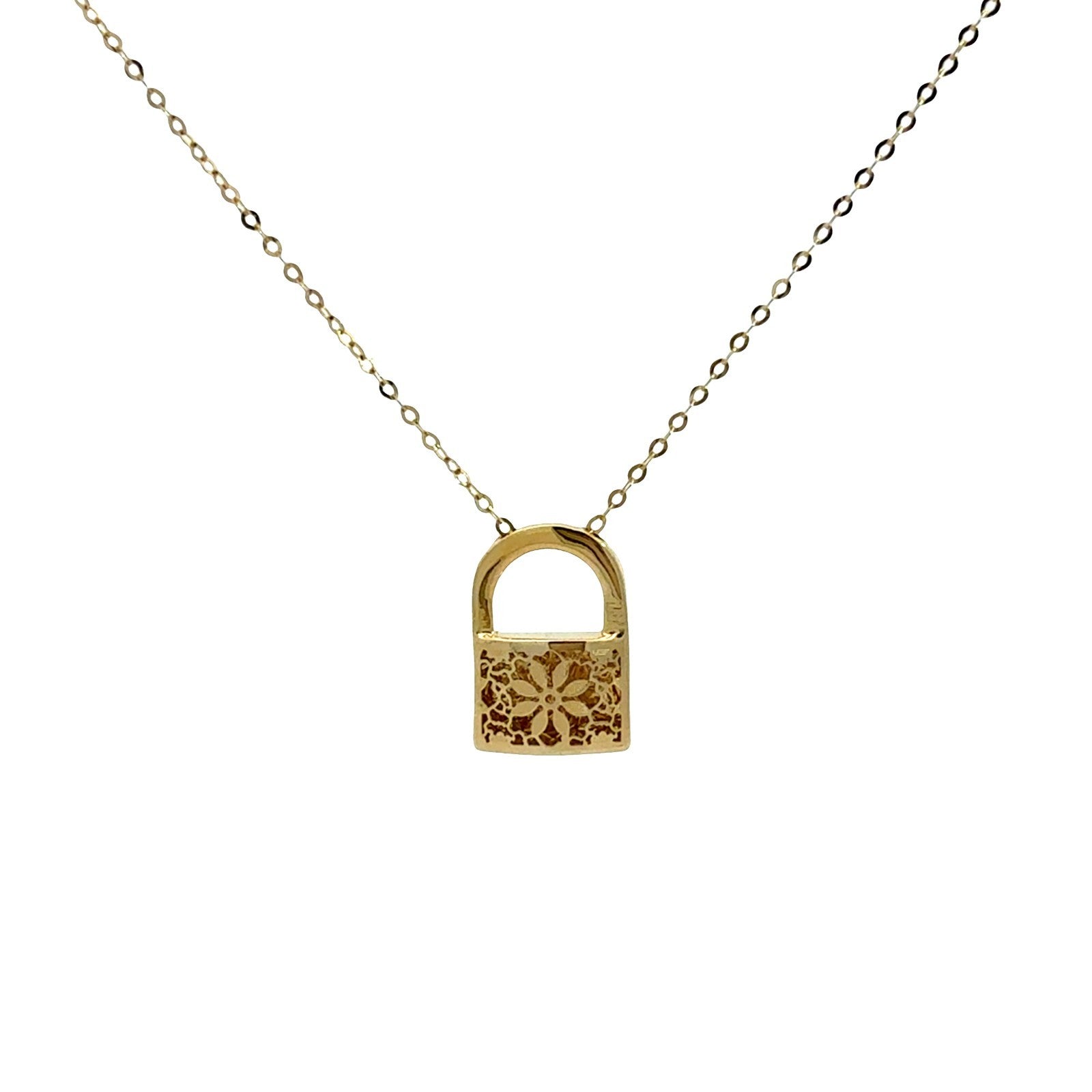 14k Yellow Gold Floral Openwork Padlock Pendant Neclace0