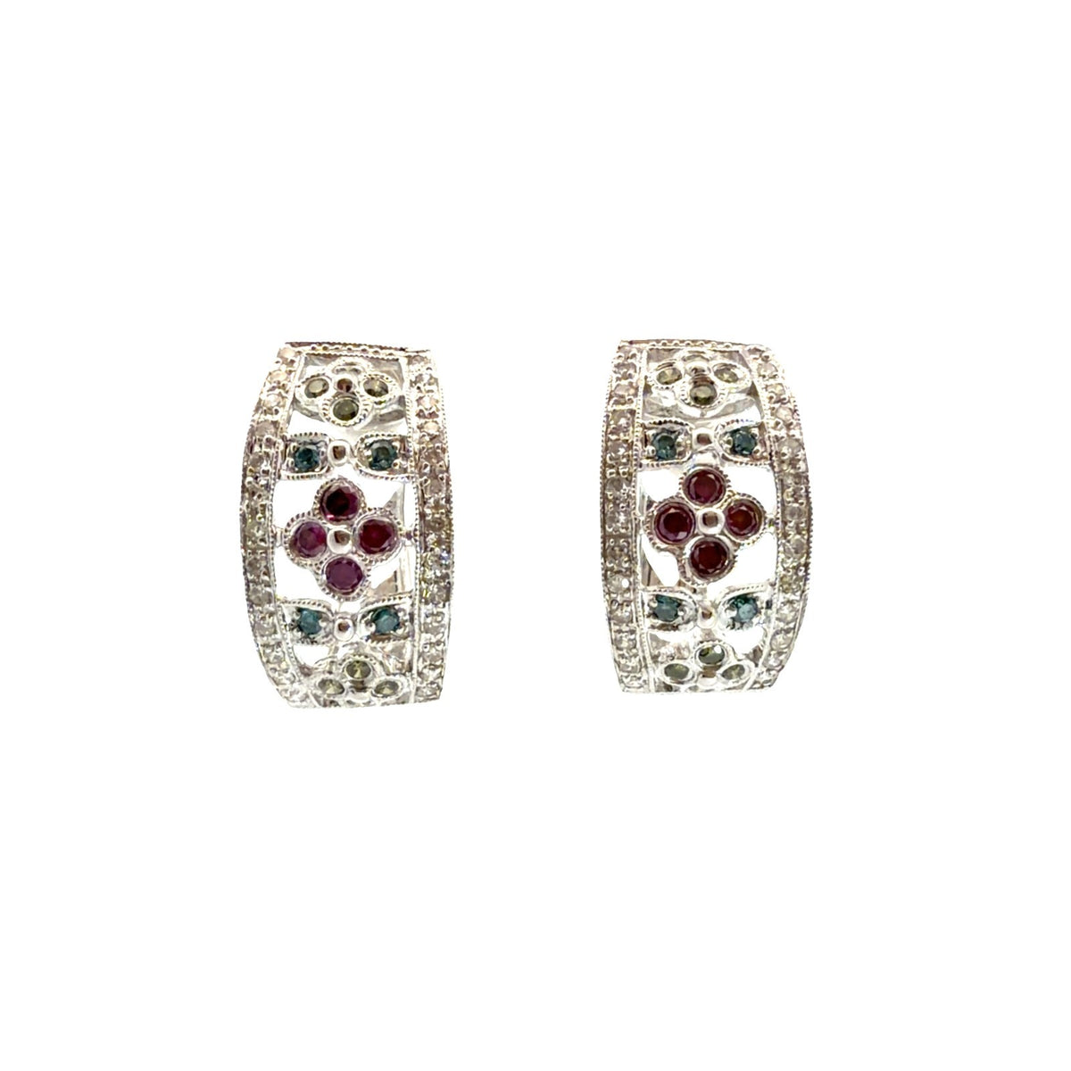 14k White Gold Multi-Color 0.82cttw Diamond Floral Openwork Hoop Earrings0
