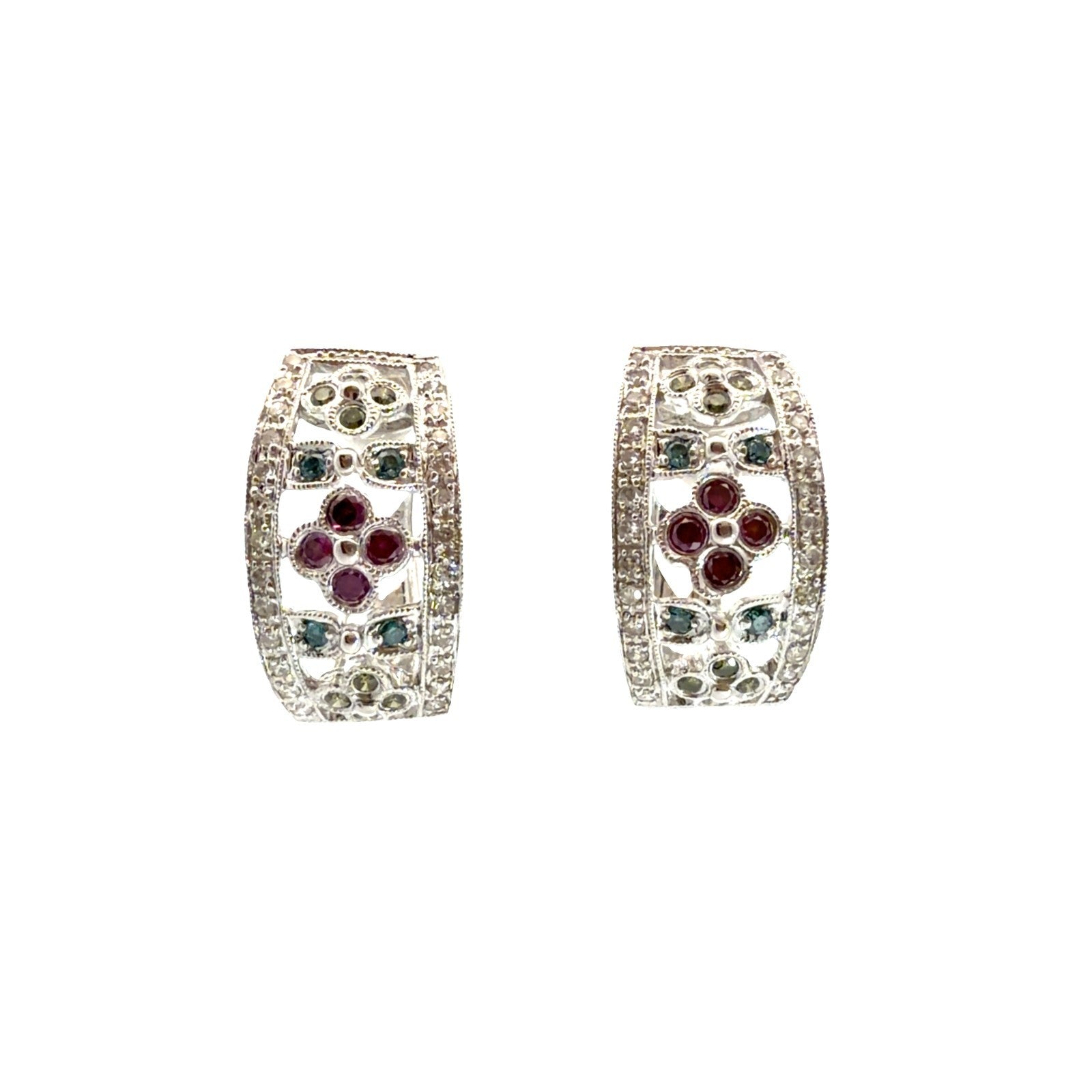 14k White Gold Multi-Color 0.82cttw Diamond Floral Openwork Hoop Earrings0