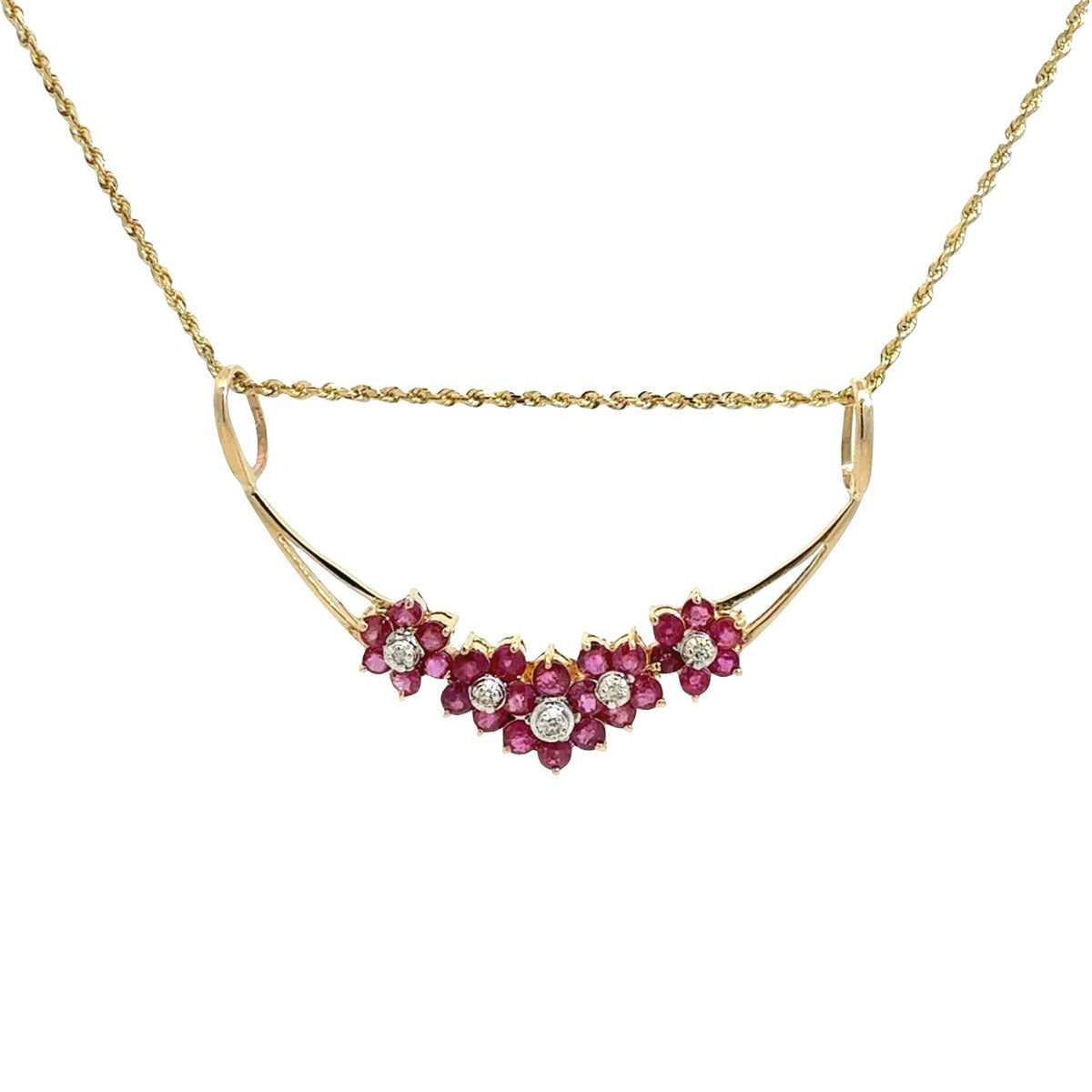 Vintage 14k Yellow Gold 1.74cttw Ruby 0.04cttw Diamond Floral Pendant Necklace1